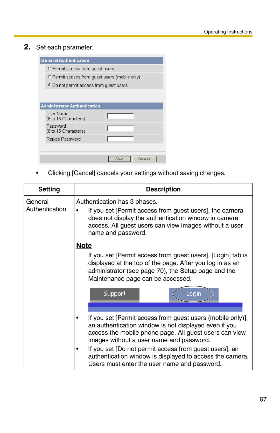 Panasonic BL-C20 operating instructions Setting Description 