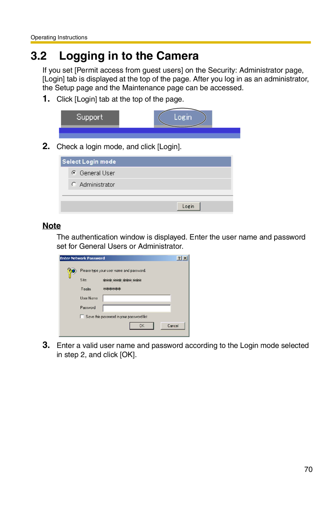 Panasonic BL-C20 operating instructions Logging in to the Camera 