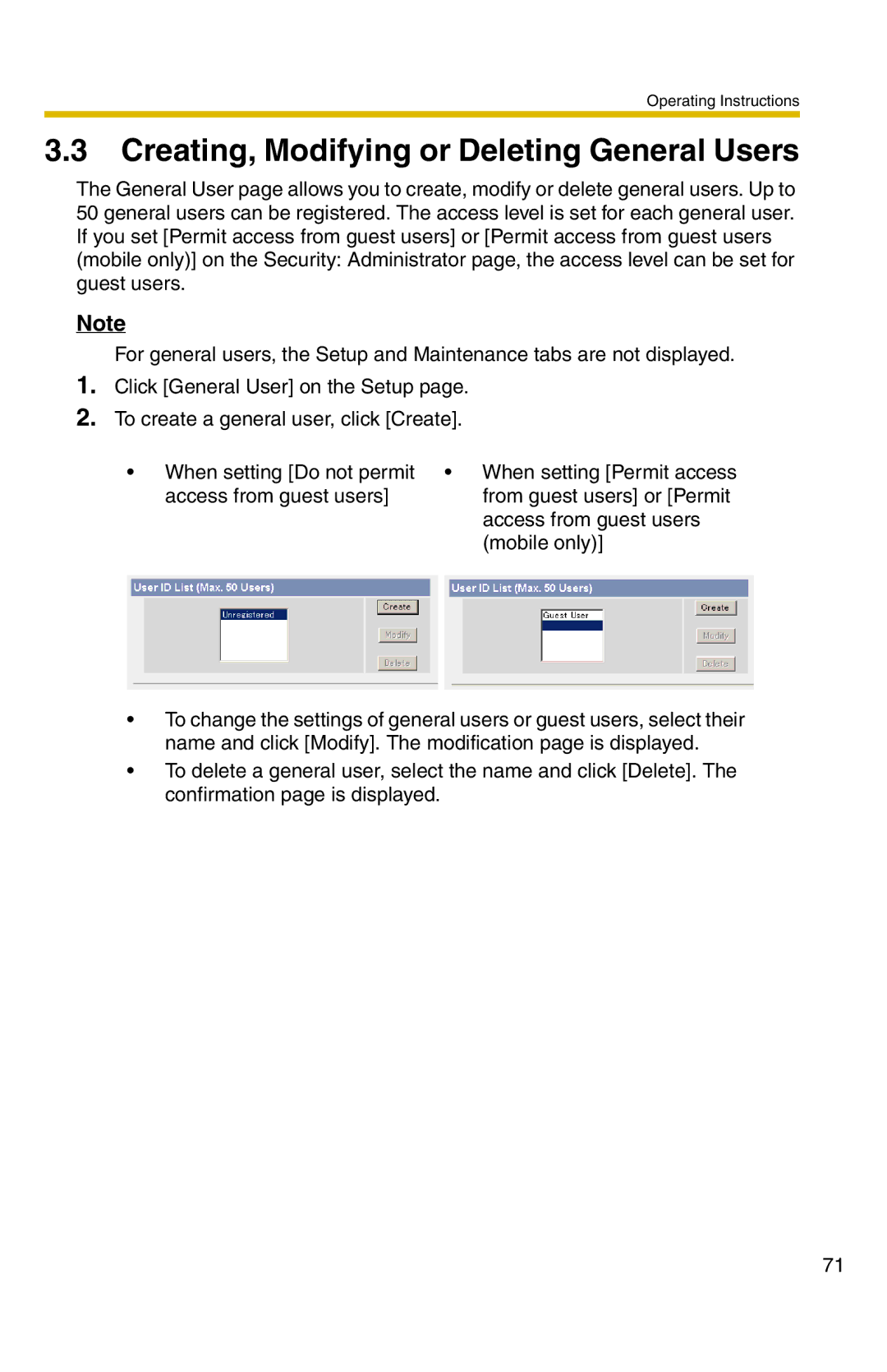 Panasonic BL-C20 operating instructions Creating, Modifying or Deleting General Users, Mobile only 