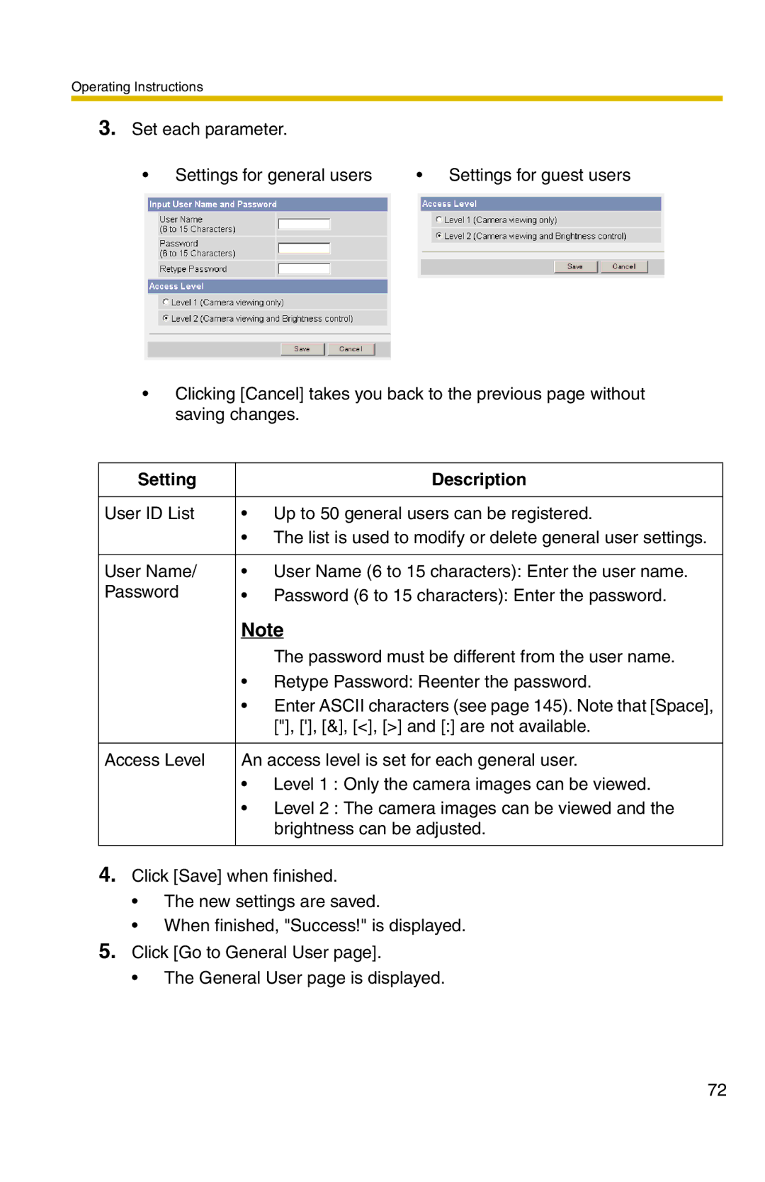 Panasonic BL-C20 operating instructions Set each parameter Settings for general users 