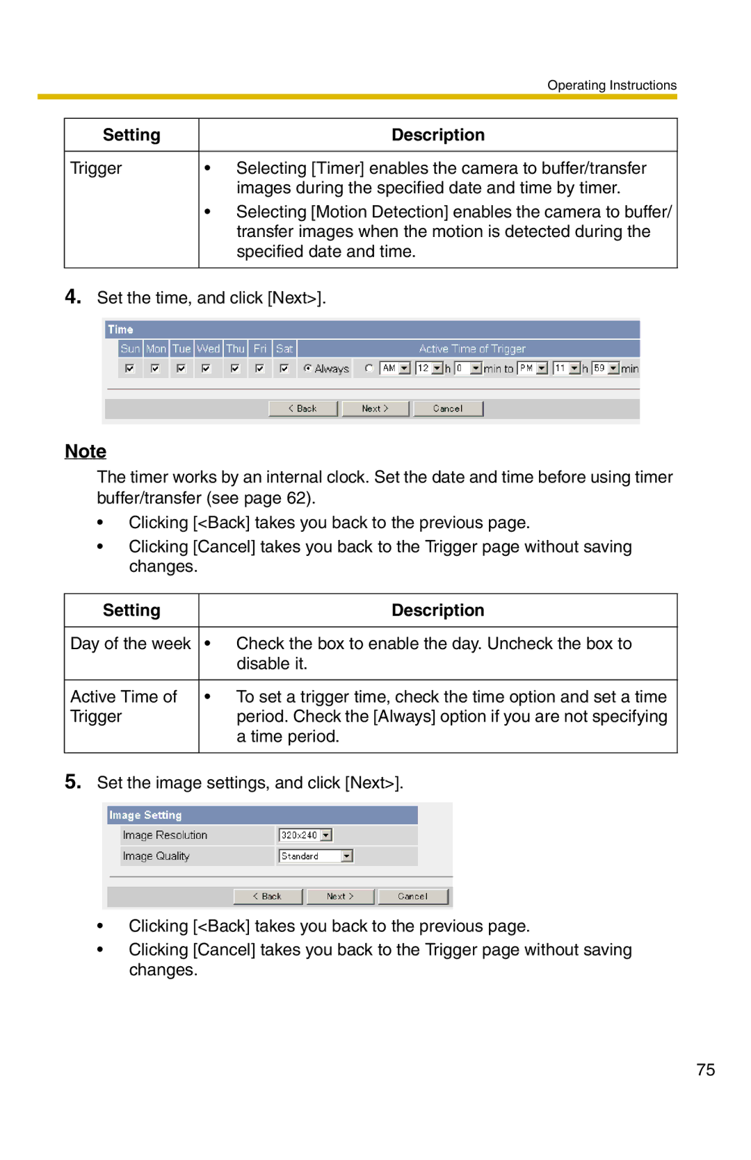 Panasonic BL-C20 operating instructions To set a trigger time, check the time option and set a time 