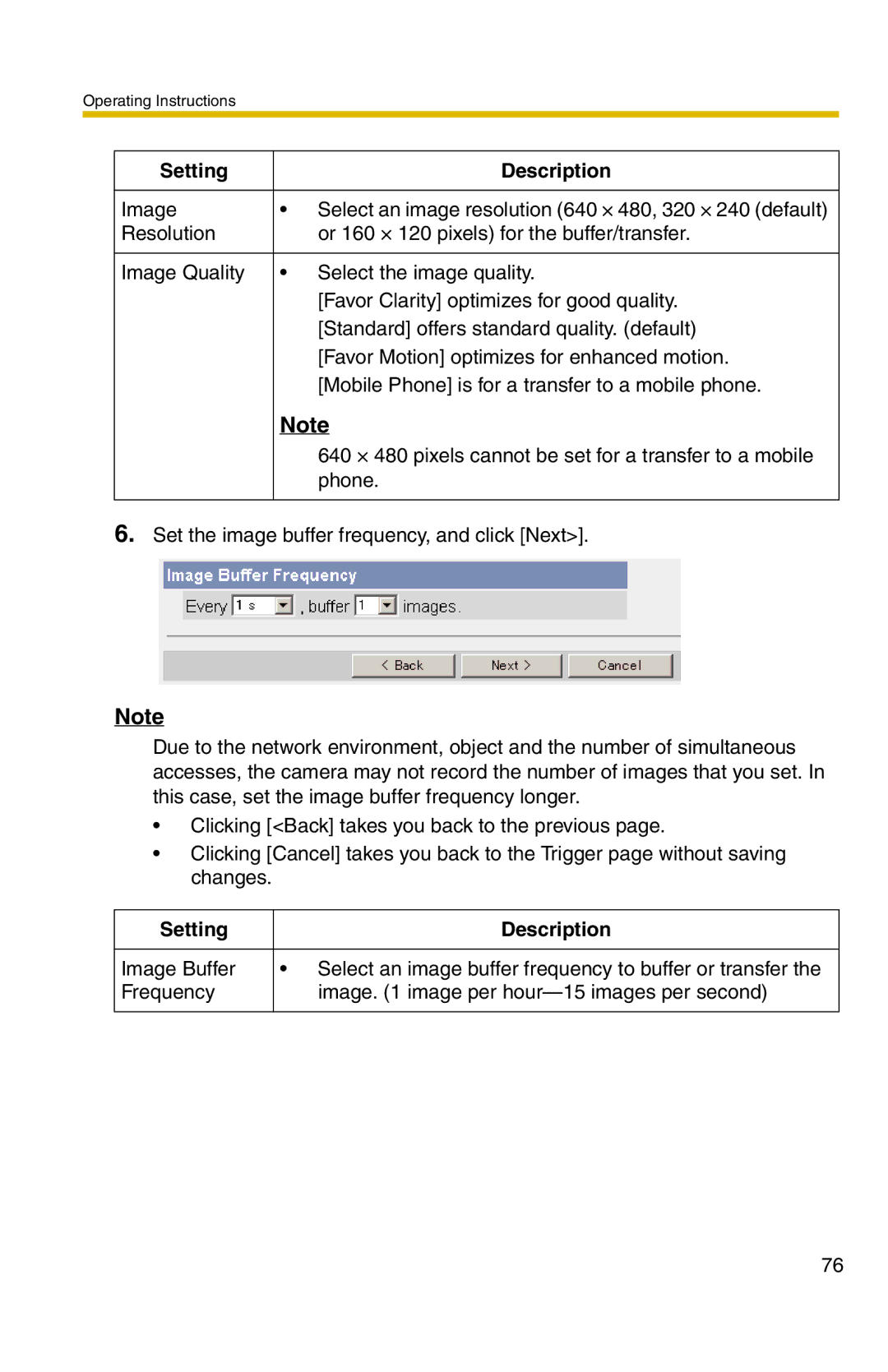 Panasonic BL-C20 operating instructions Setting Description 