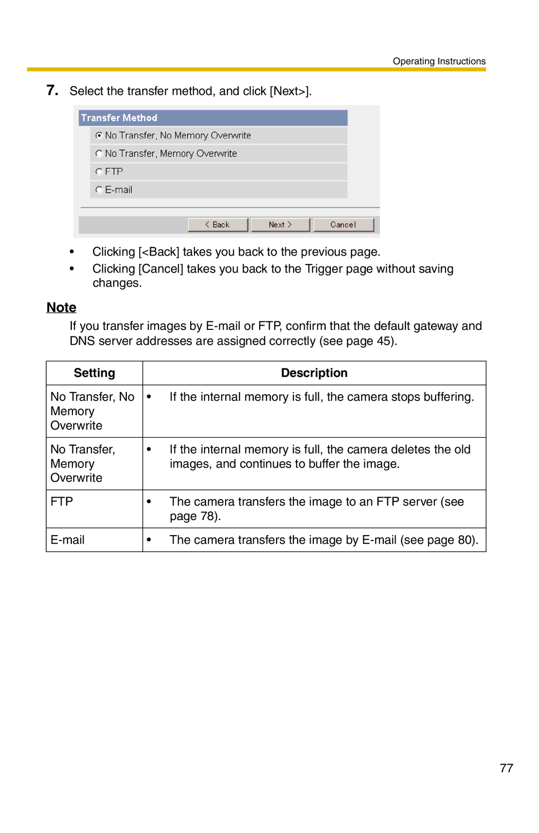 Panasonic BL-C20 operating instructions Camera transfers the image to an FTP server see 