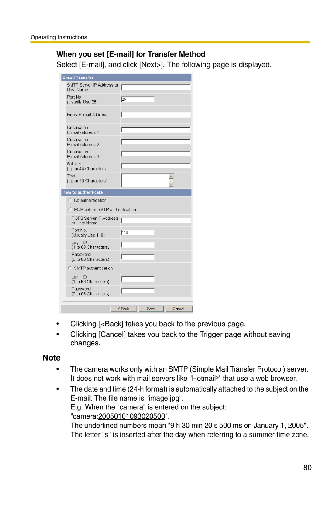 Panasonic BL-C20 operating instructions When you set E-mail for Transfer Method 