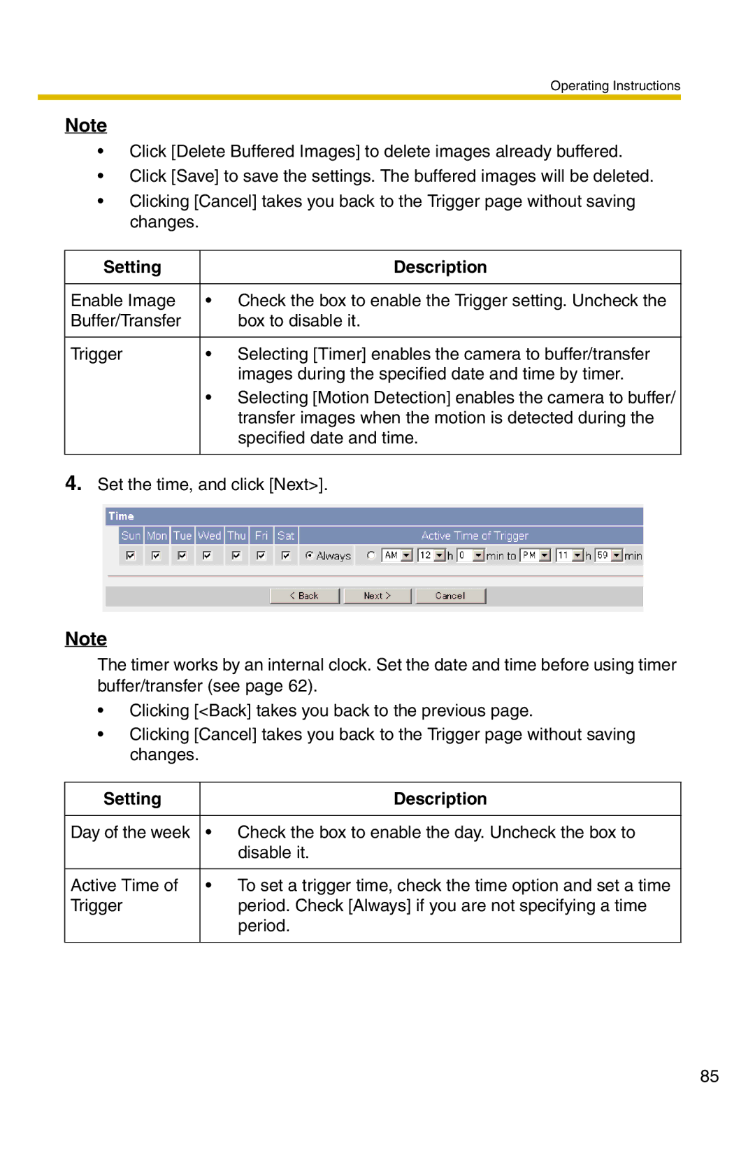 Panasonic BL-C20 operating instructions Setting Description 