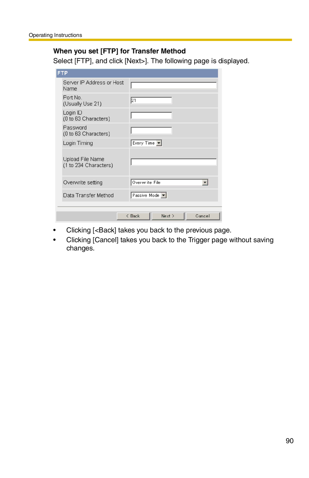 Panasonic BL-C20 operating instructions When you set FTP for Transfer Method 