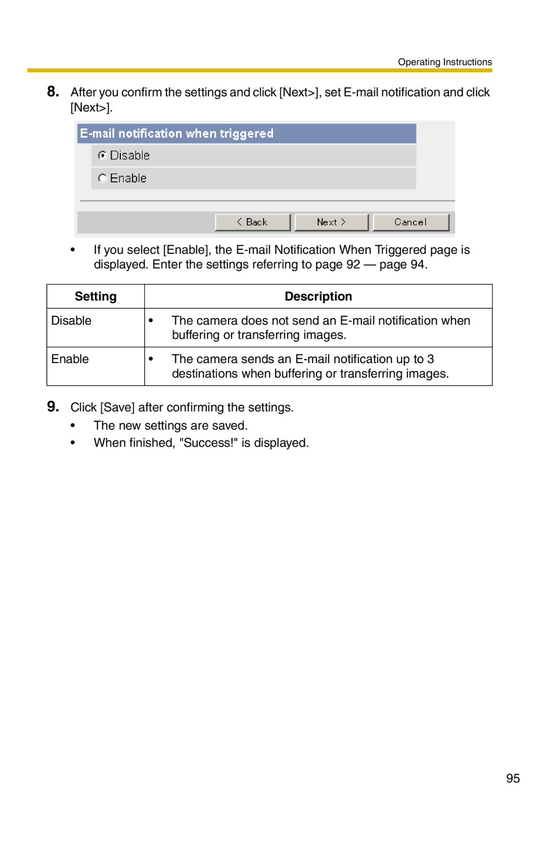 Panasonic BL-C20 operating instructions Setting Description 