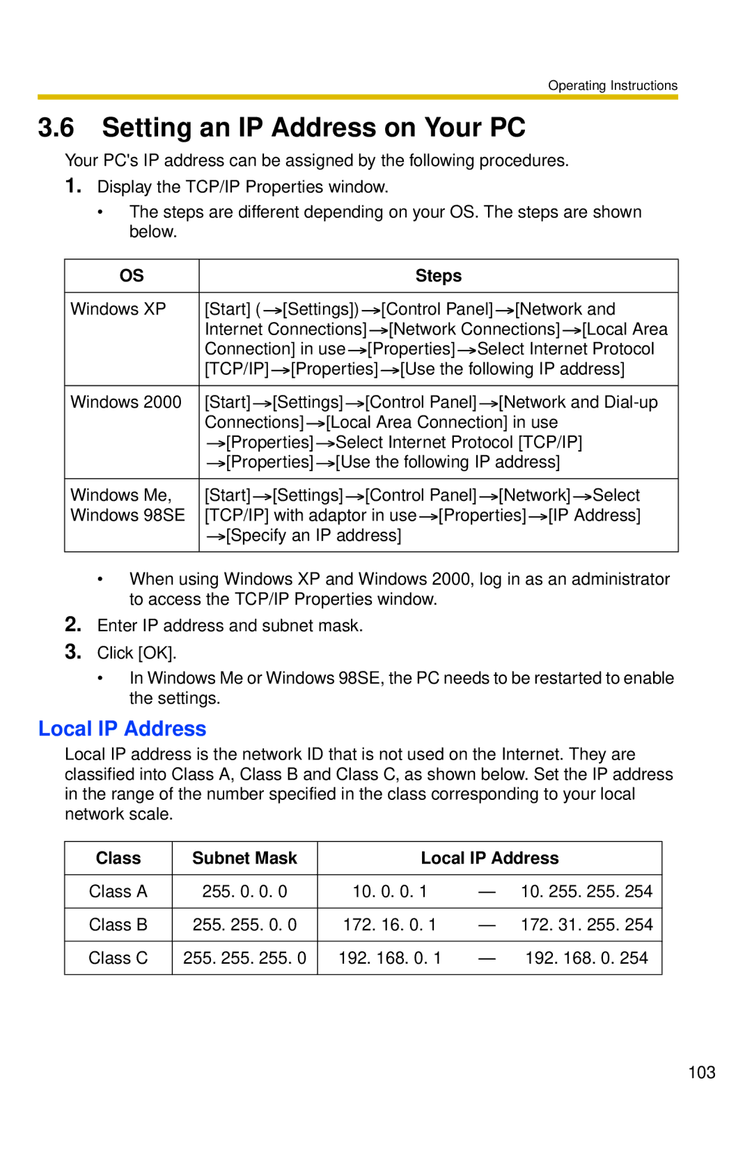 Panasonic BL-C30 operating instructions Setting an IP Address on Your PC, Steps, Class Subnet Mask Local IP Address 