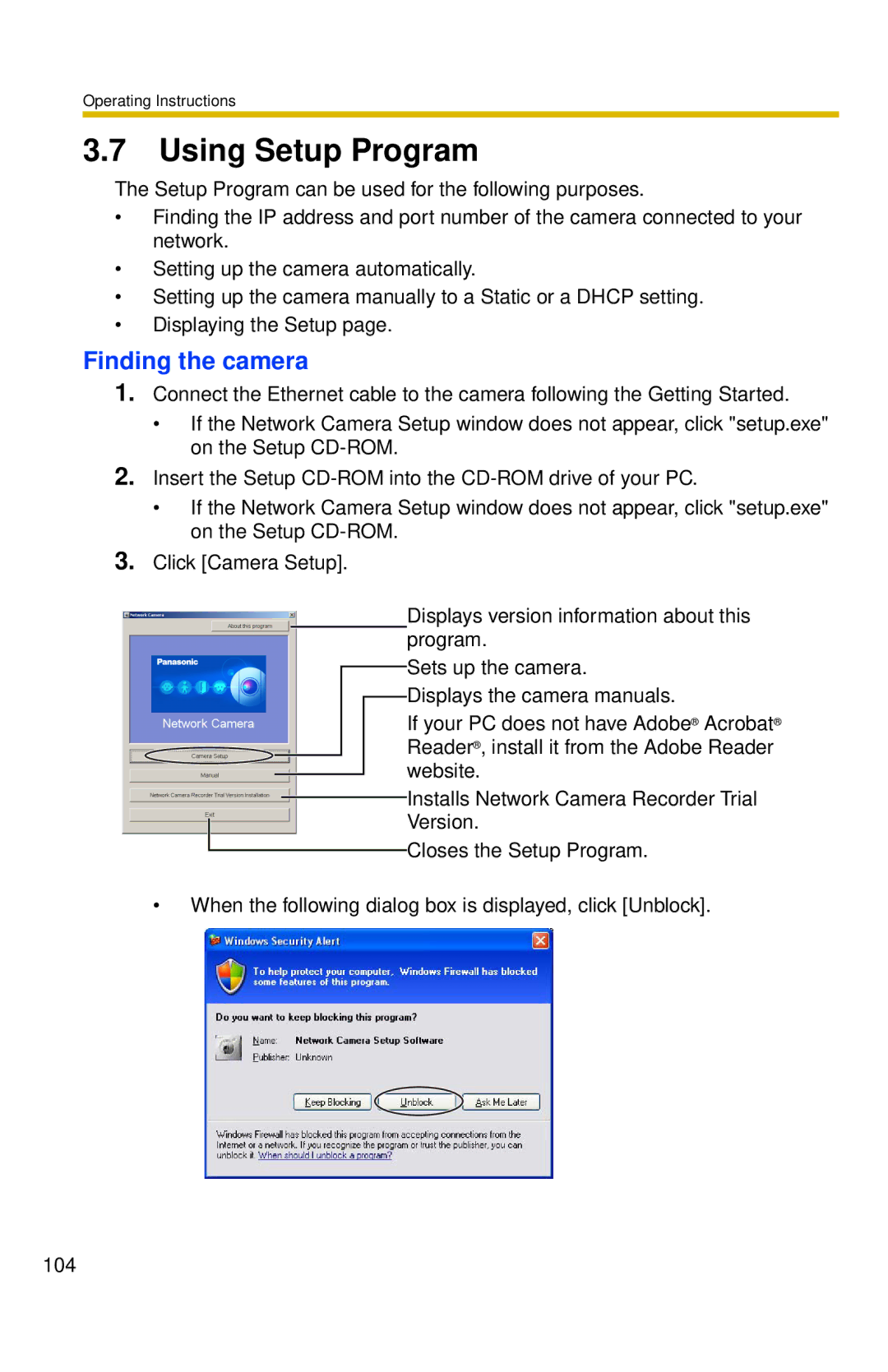 Panasonic BL-C30 operating instructions Using Setup Program, Finding the camera 