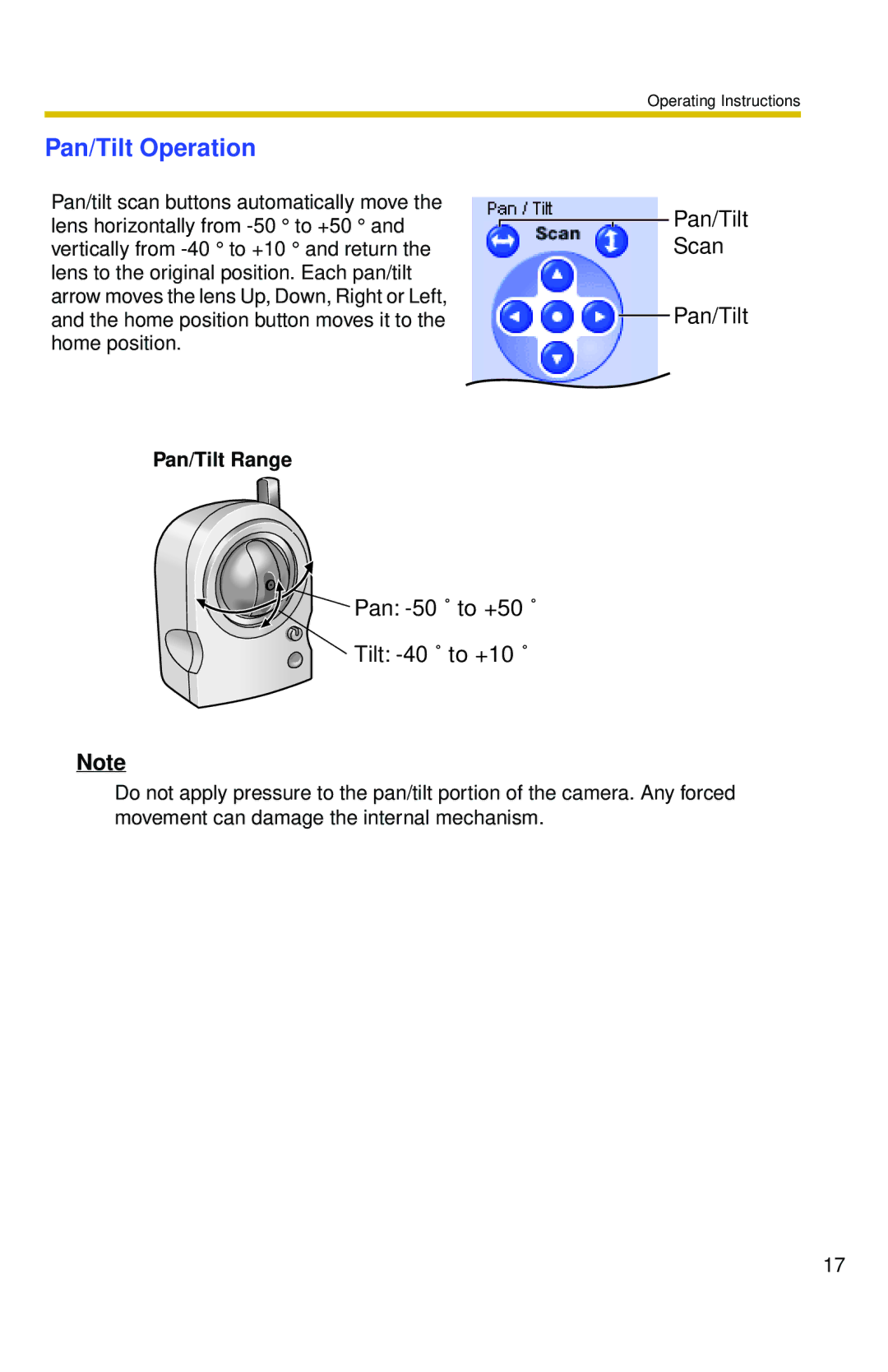 Panasonic BL-C30 operating instructions Pan/Tilt Operation, Pan/Tilt Range 