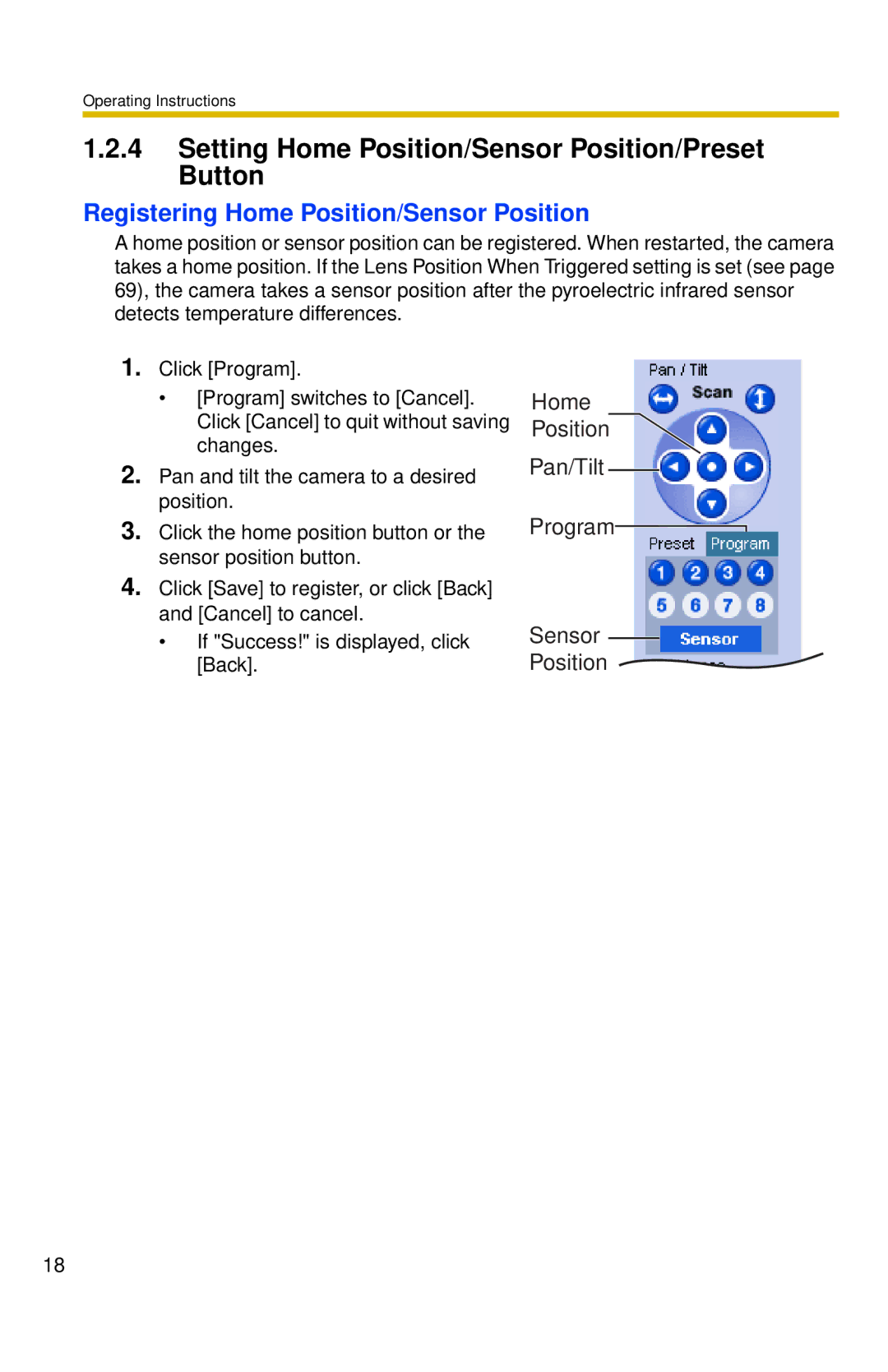 Panasonic BL-C30 Setting Home Position/Sensor Position/Preset Button, Registering Home Position/Sensor Position 