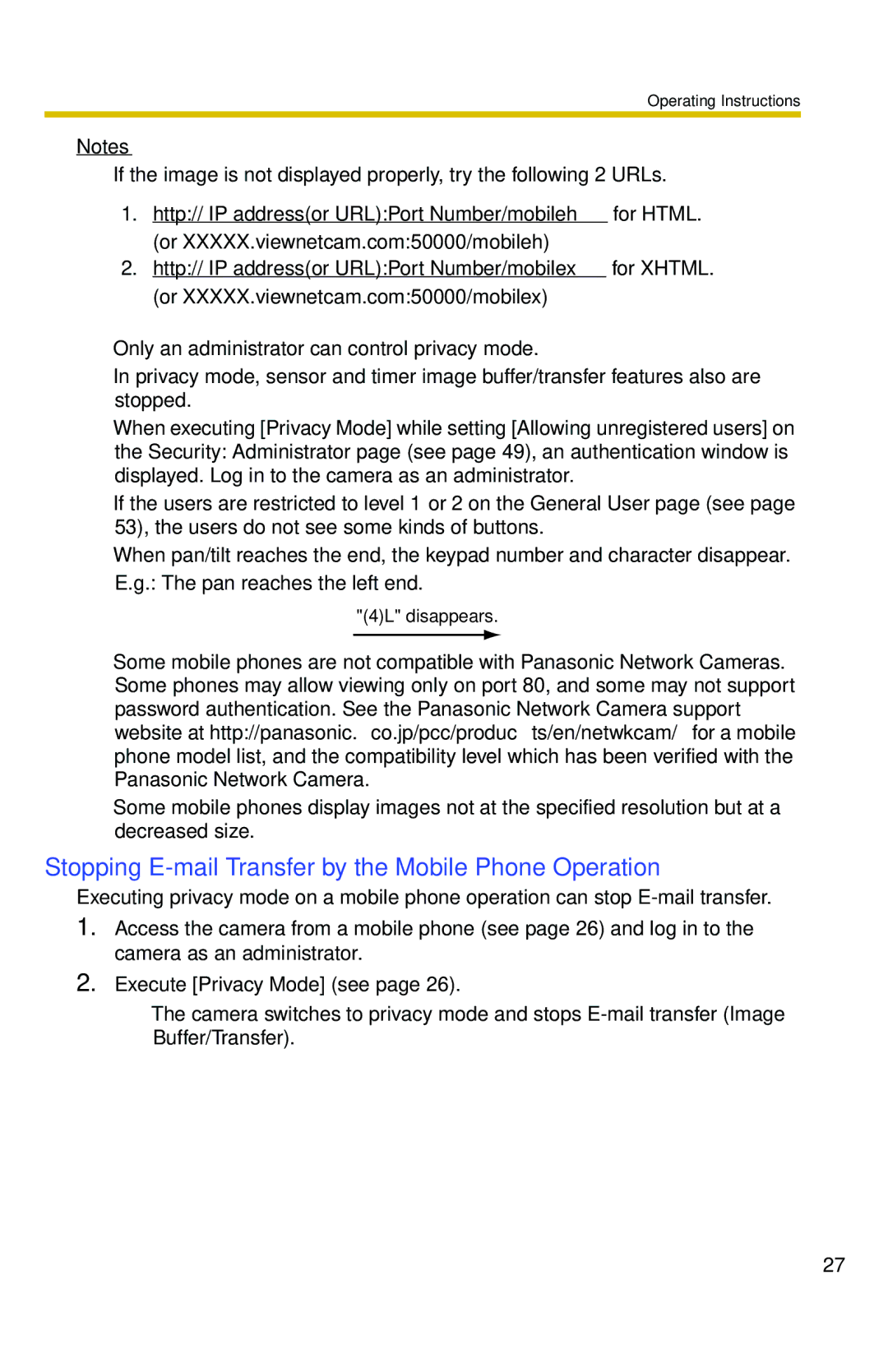 Panasonic BL-C30 operating instructions Stopping E-mail Transfer by the Mobile Phone Operation 