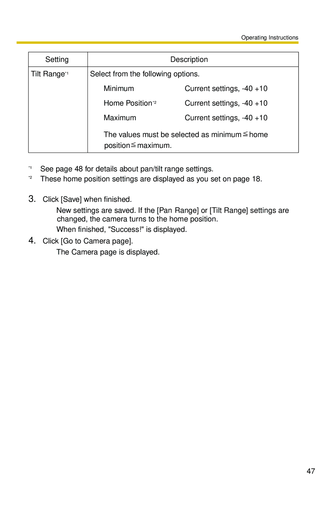 Panasonic BL-C30 operating instructions Setting Description 