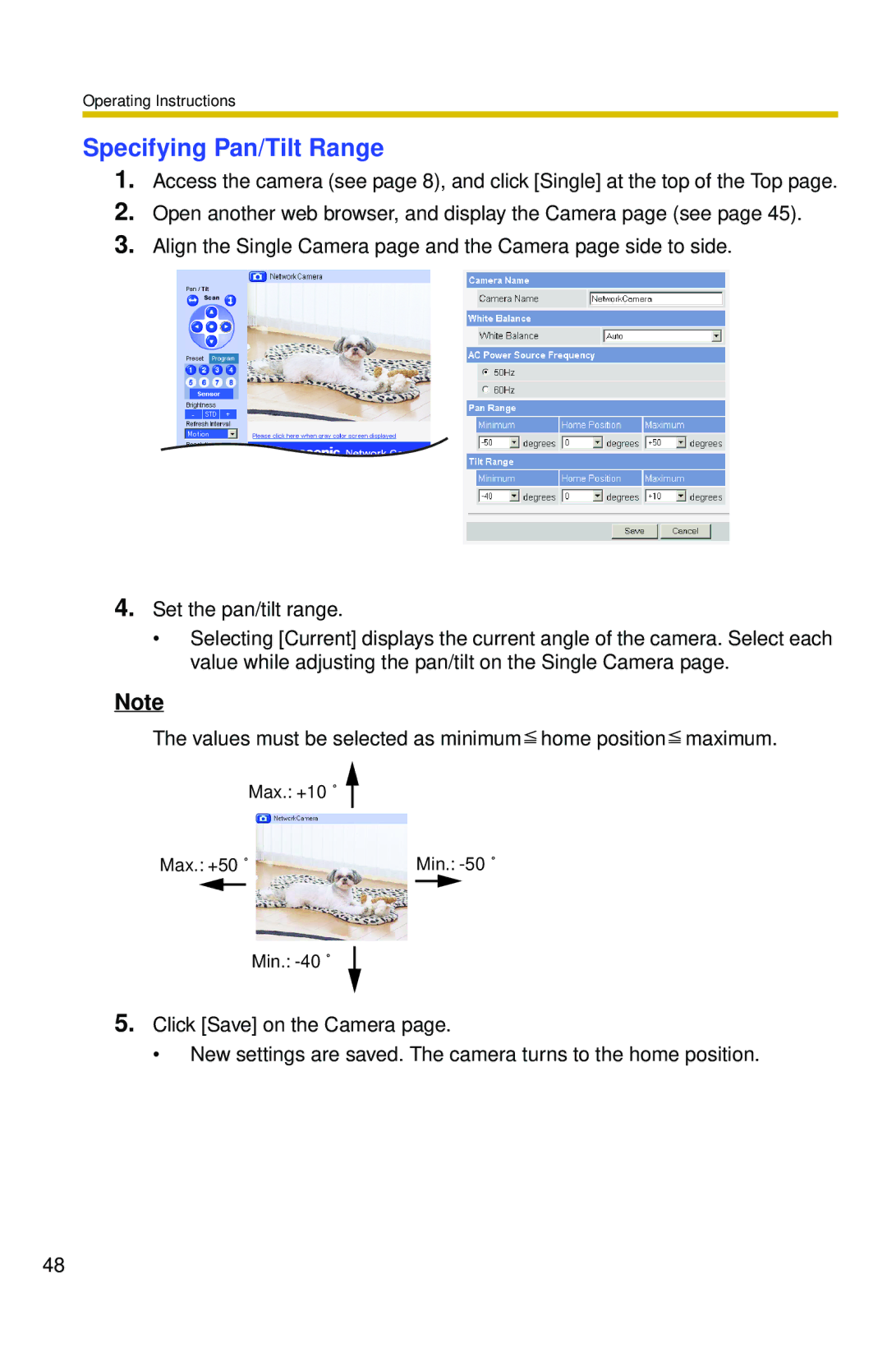 Panasonic BL-C30 operating instructions Specifying Pan/Tilt Range 