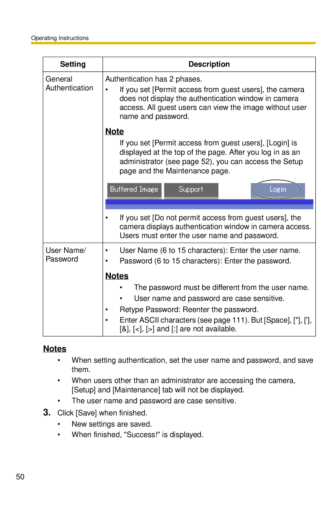 Panasonic BL-C30 operating instructions Setting Description, Users must enter the user name and password 