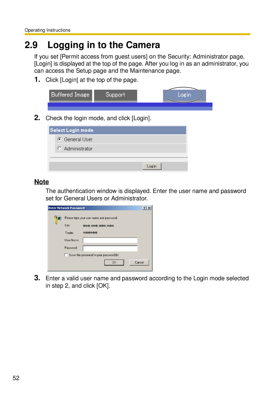 Panasonic BL-C30 operating instructions Logging in to the Camera 