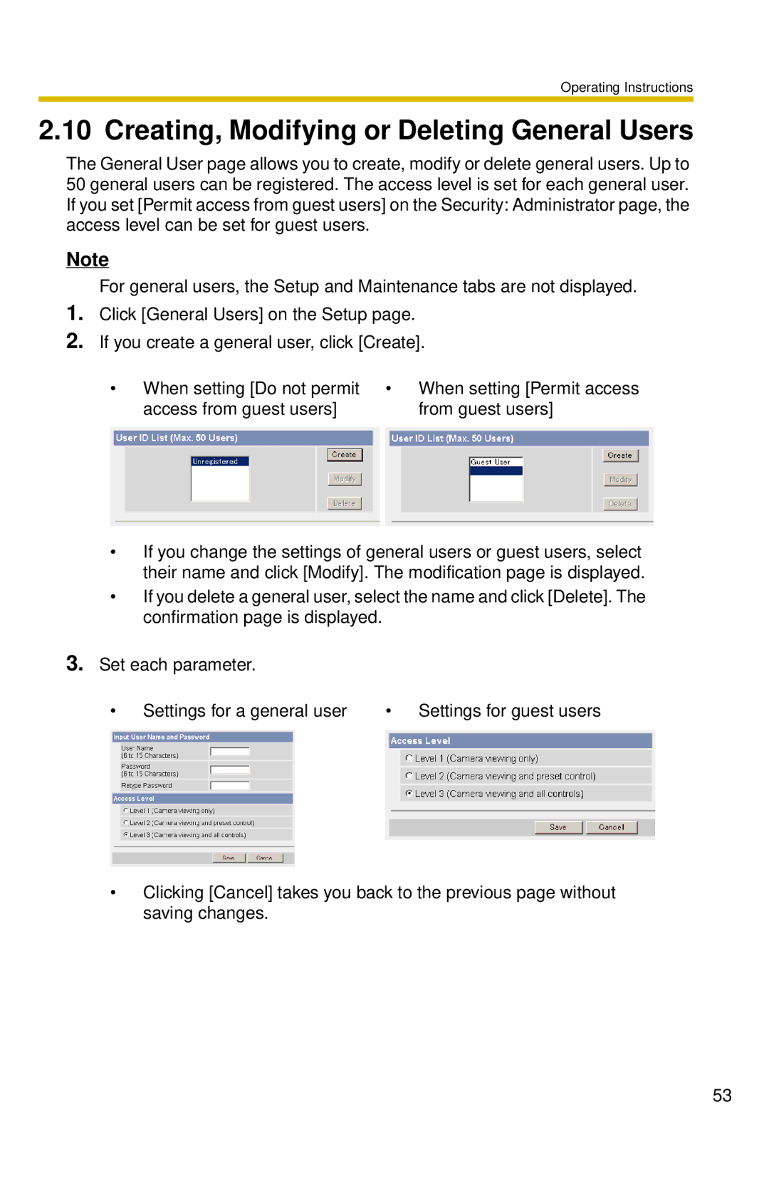 Panasonic BL-C30 Creating, Modifying or Deleting General Users, Access from guest users From guest users 