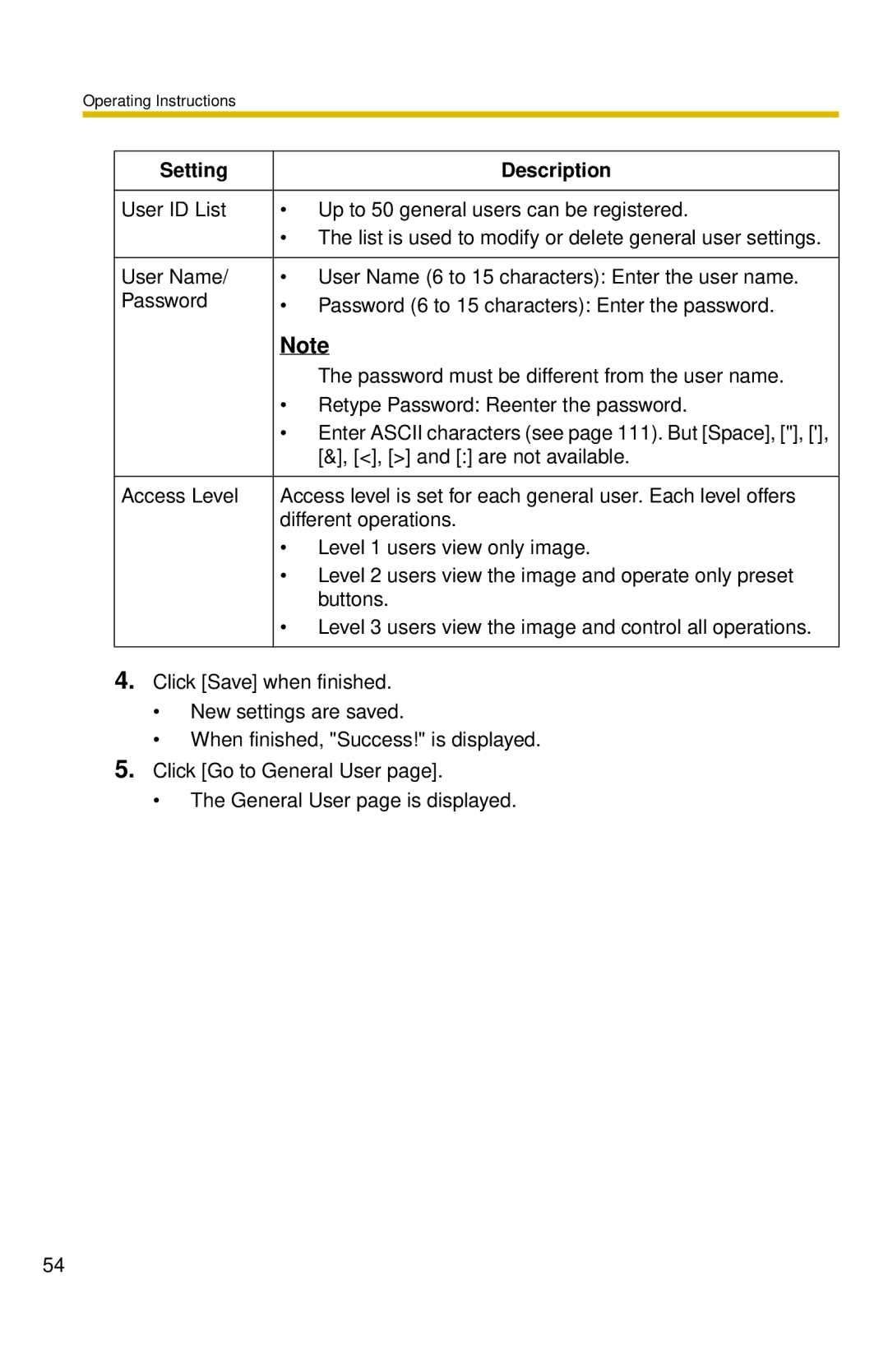 Panasonic BL-C30 operating instructions Setting Description 