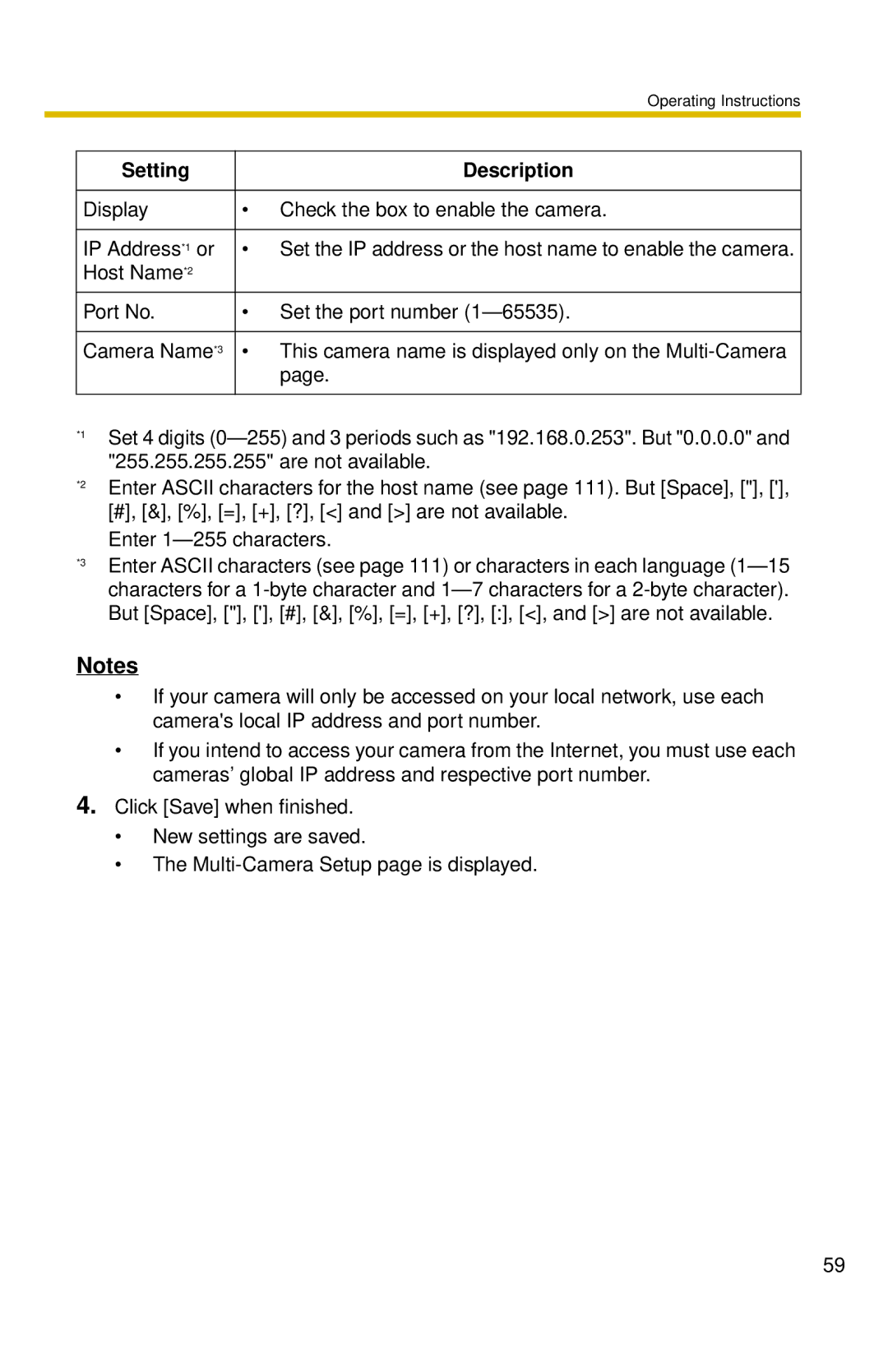 Panasonic BL-C30 operating instructions Setting Description 