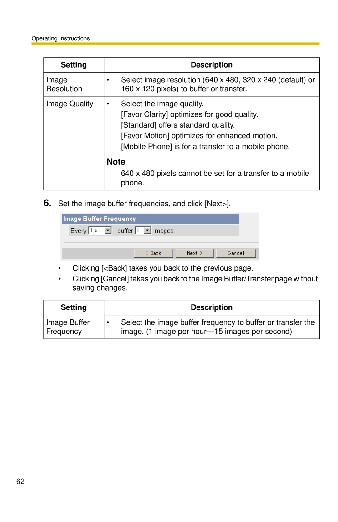 Panasonic BL-C30 operating instructions Setting Description 