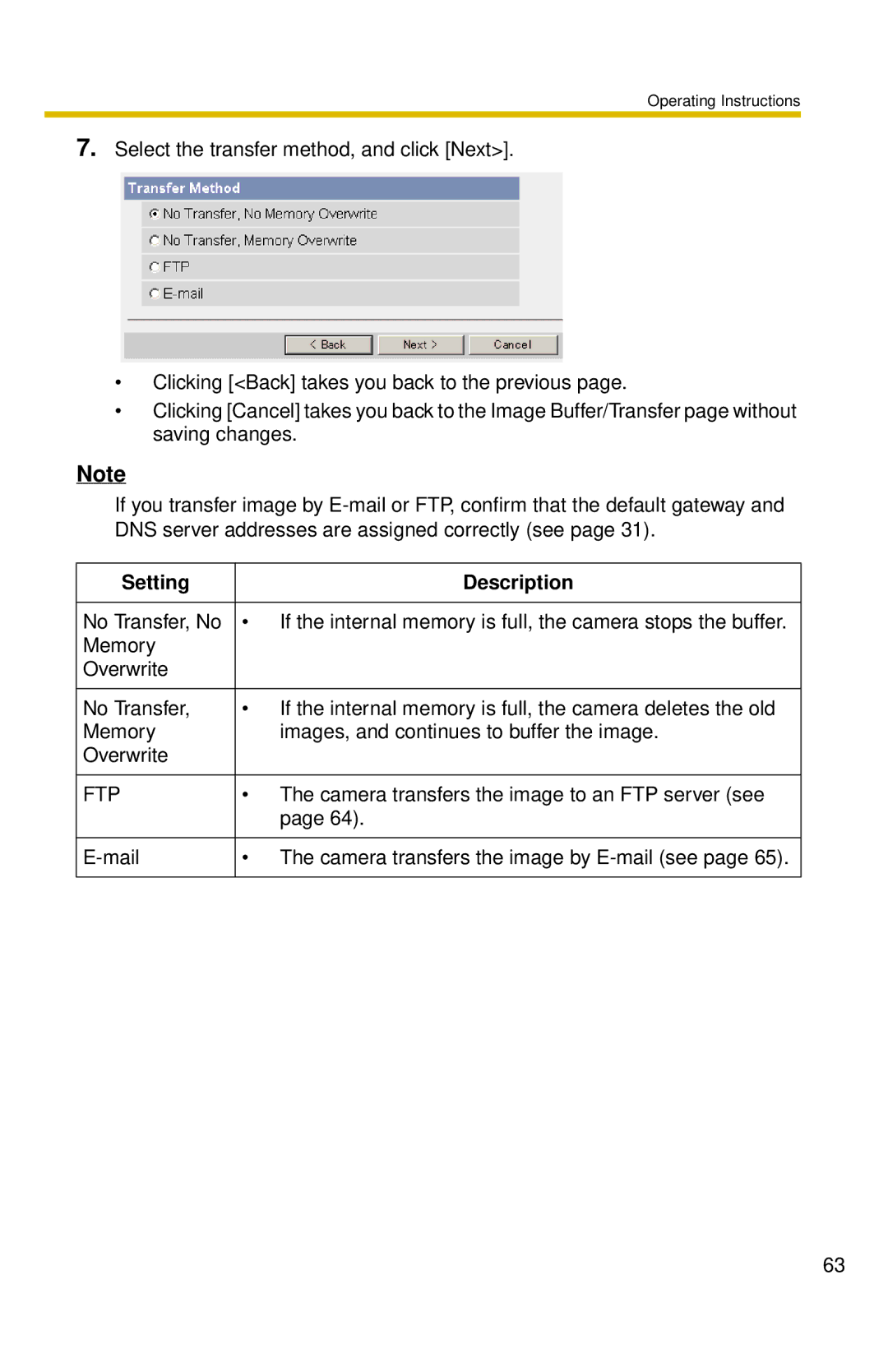 Panasonic BL-C30 Camera transfers the image to an FTP server see, Mail Camera transfers the image by E-mail see 