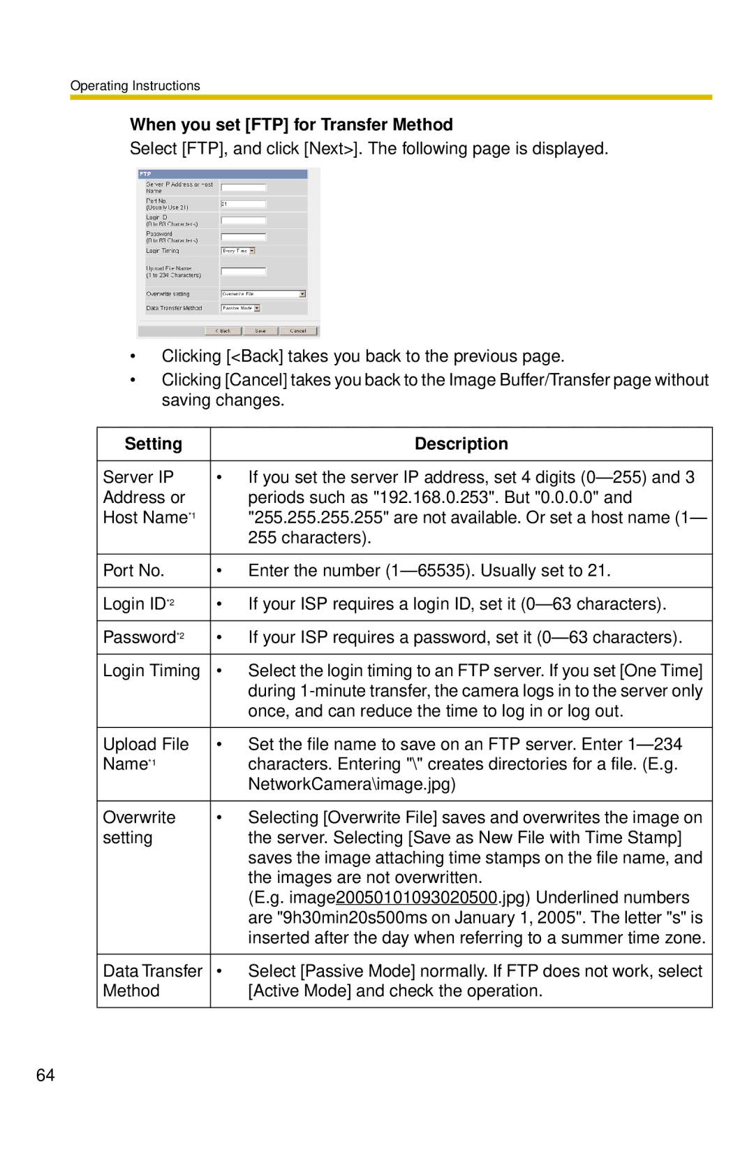 Panasonic BL-C30 operating instructions When you set FTP for Transfer Method 