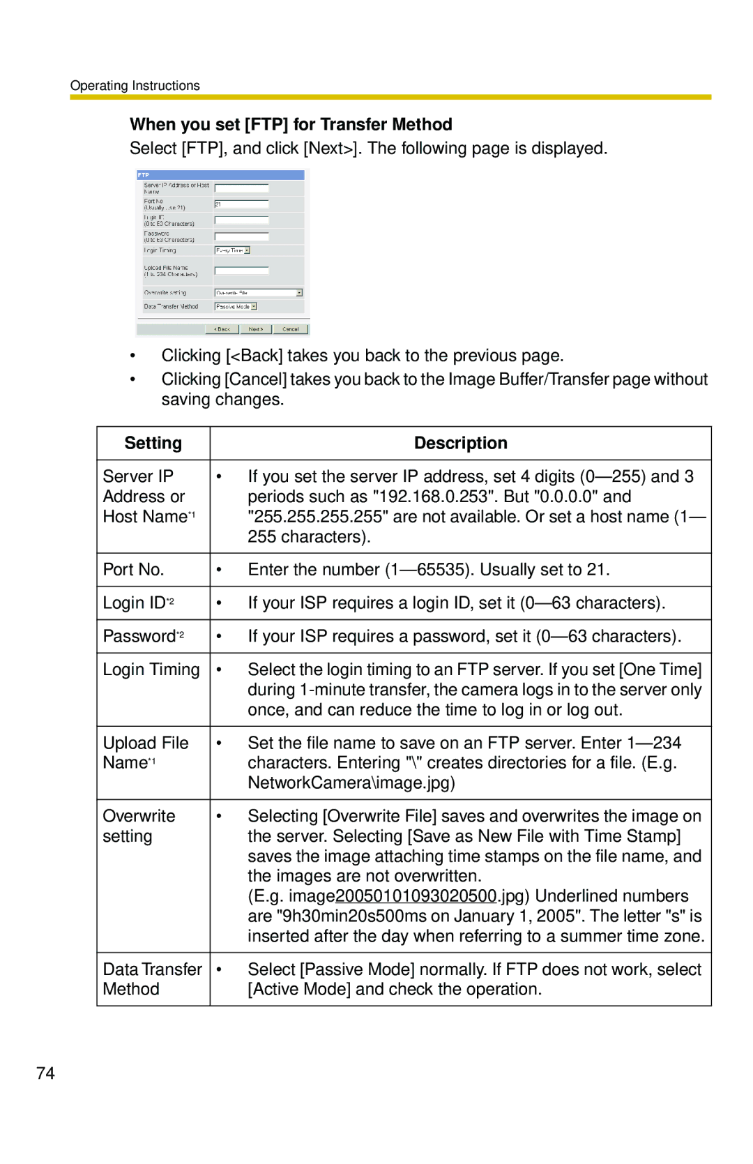 Panasonic BL-C30 operating instructions When you set FTP for Transfer Method 