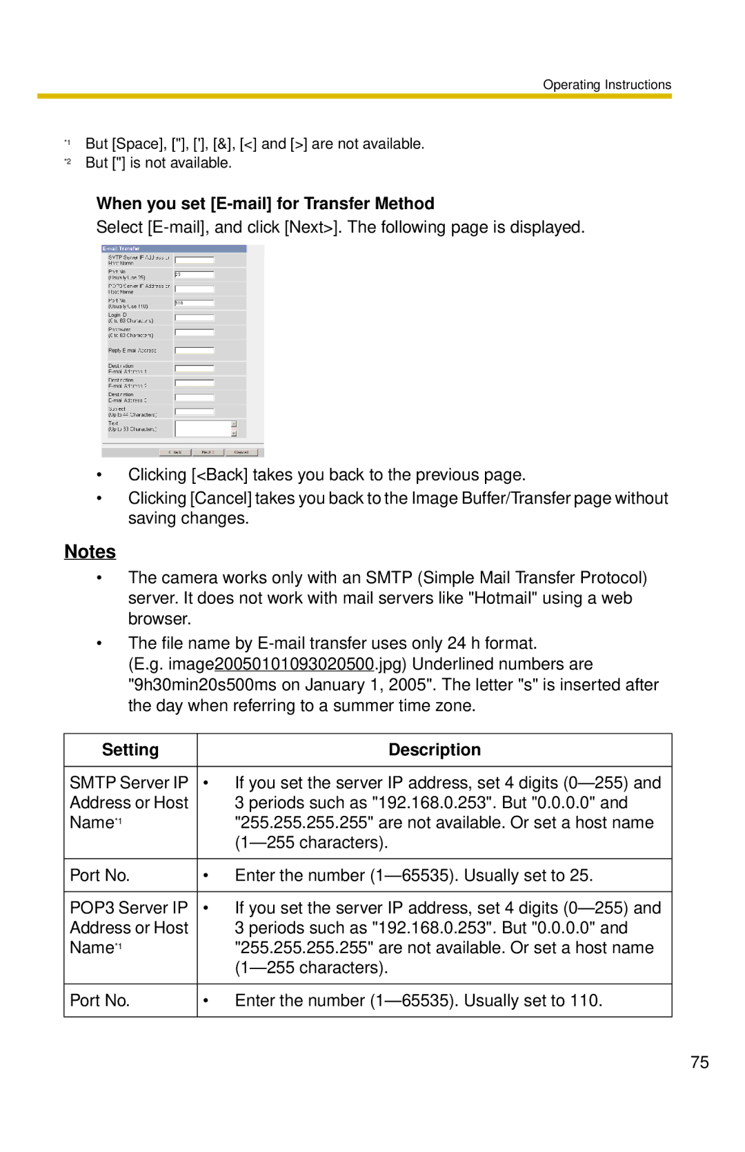 Panasonic BL-C30 operating instructions When you set E-mail for Transfer Method 