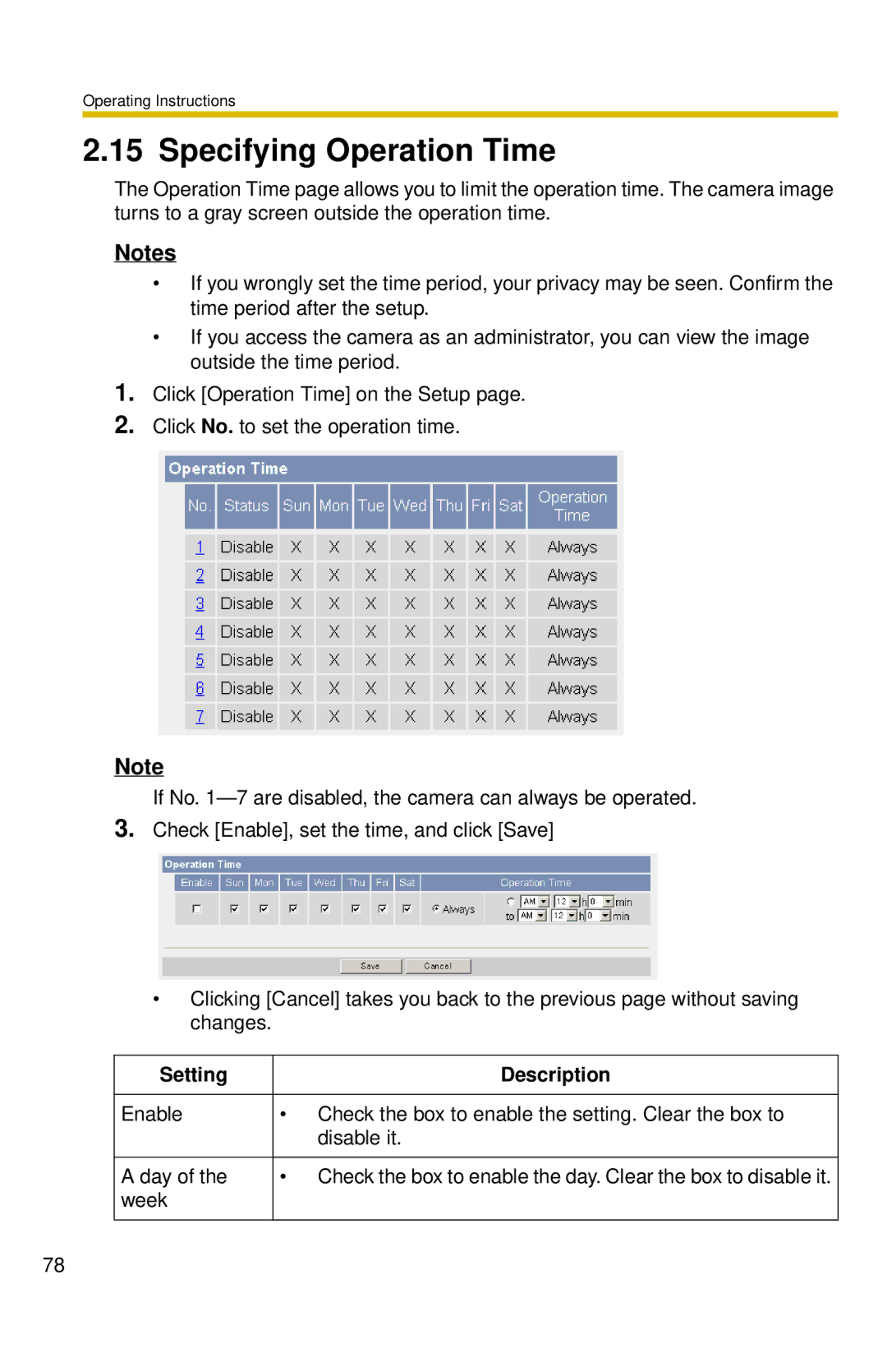 Panasonic BL-C30 operating instructions Specifying Operation Time, Week 