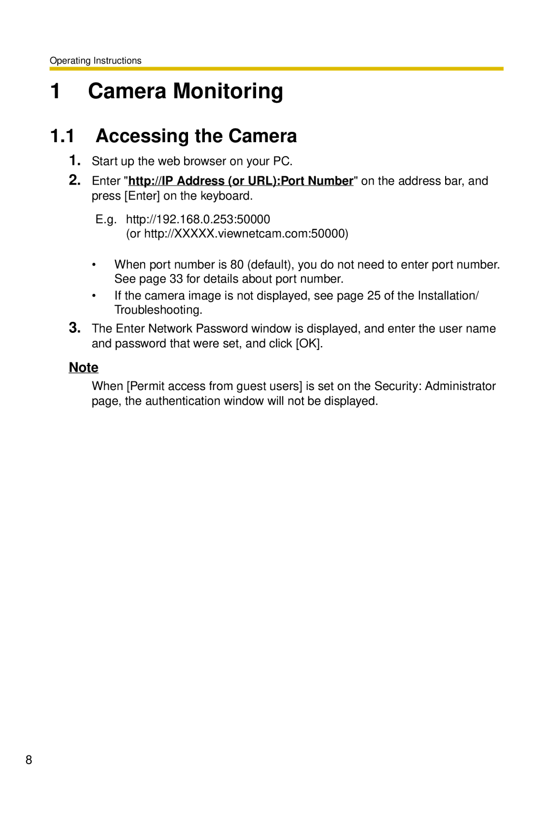 Panasonic BL-C30 operating instructions Accessing the Camera, Start up the web browser on your PC 