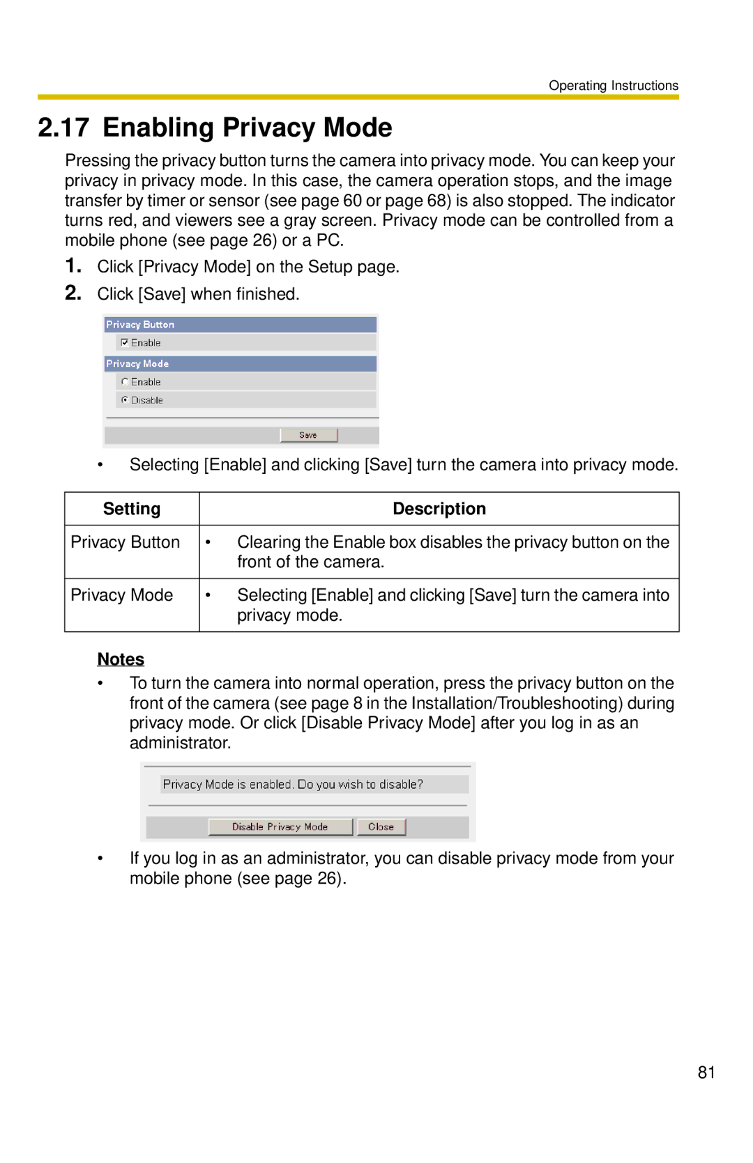 Panasonic BL-C30 operating instructions Enabling Privacy Mode, Privacy Button, Front of the camera 