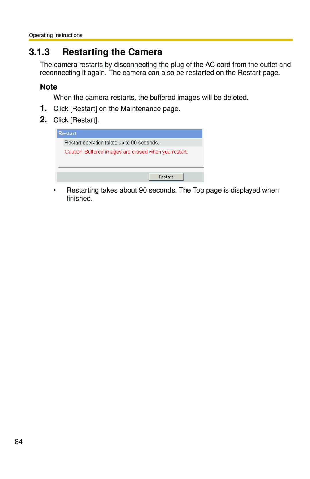 Panasonic BL-C30 operating instructions Restarting the Camera 