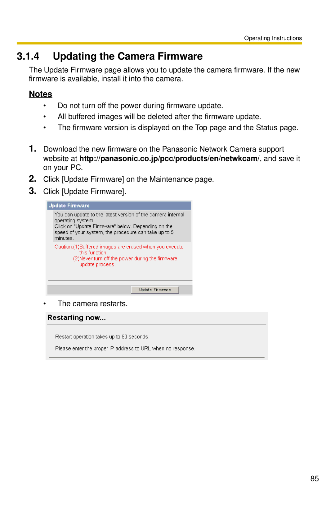 Panasonic BL-C30 operating instructions Updating the Camera Firmware 