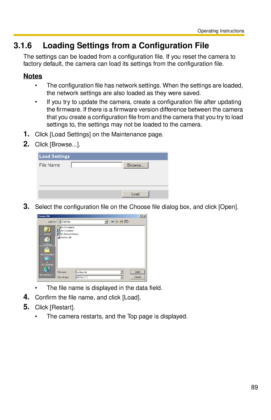 Panasonic BL-C30 operating instructions Loading Settings from a Configuration File 