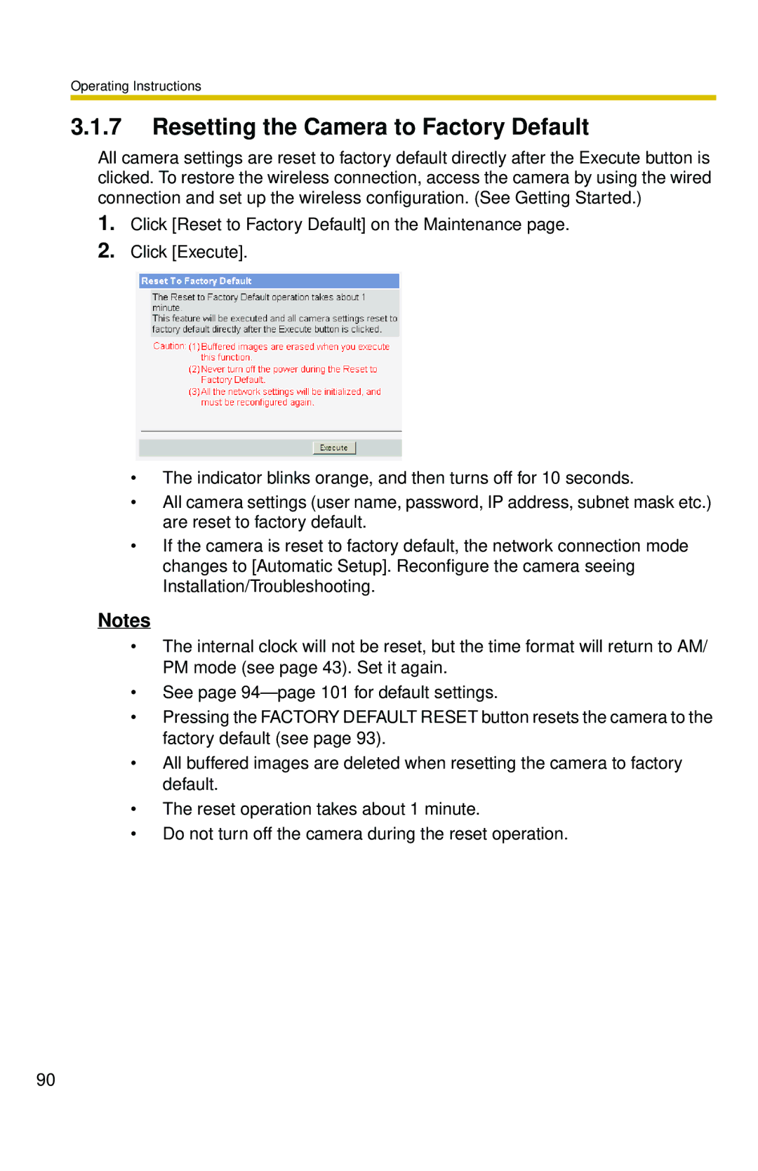 Panasonic BL-C30 operating instructions Resetting the Camera to Factory Default 