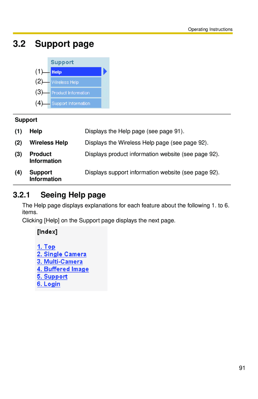 Panasonic BL-C30 operating instructions Seeing Help, Support Help, Wireless Help Displays the Wireless Help page see 