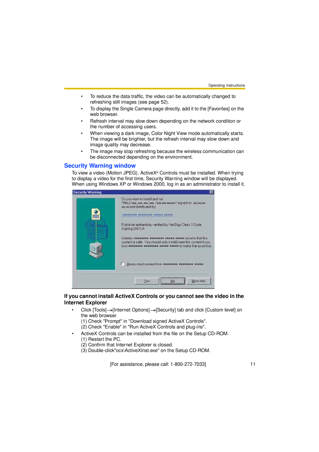 Panasonic BL-C30A operating instructions Security Warning window 