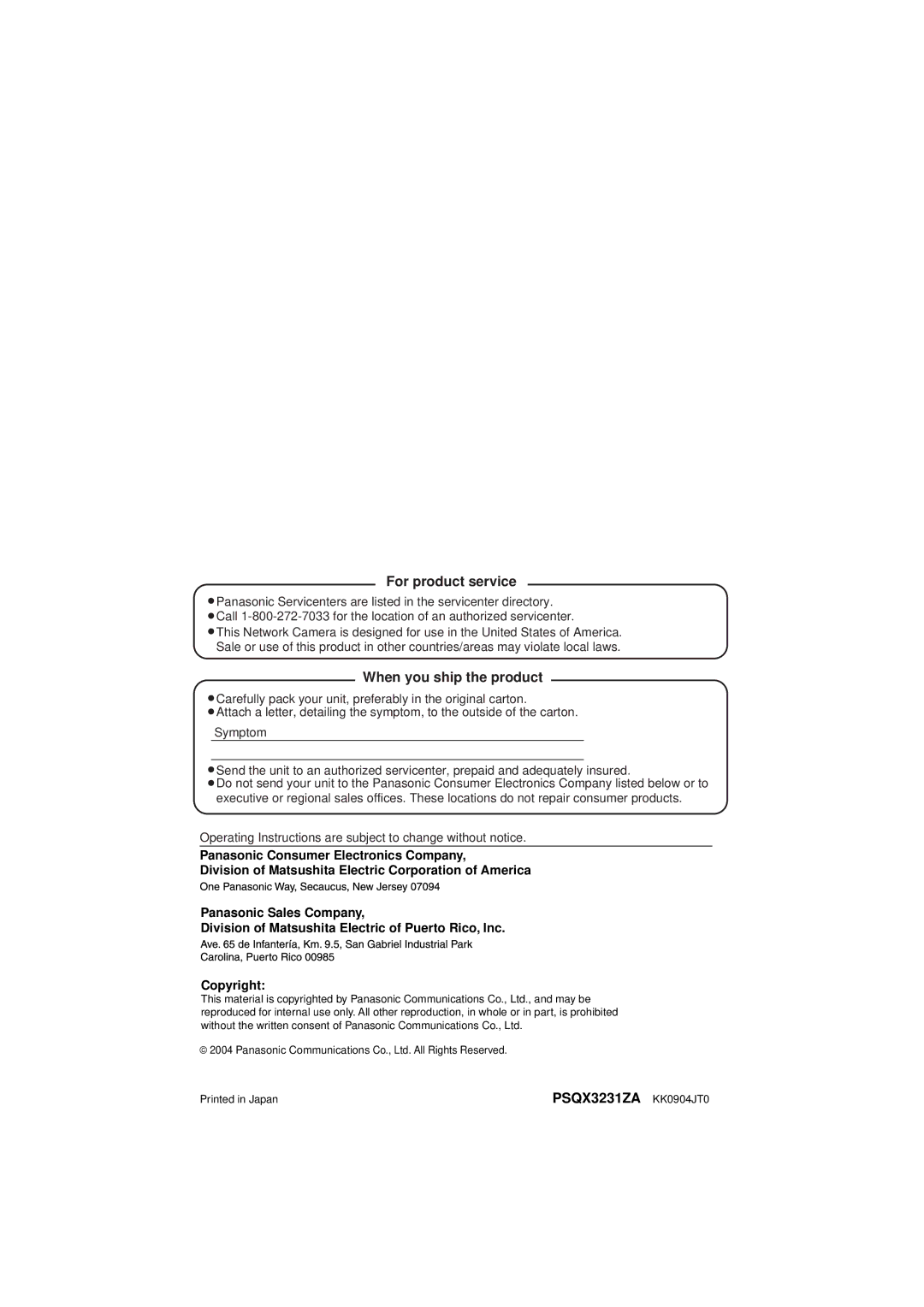 Panasonic BL-C30A operating instructions For product service, PSQX3231ZA KK0904JT0 