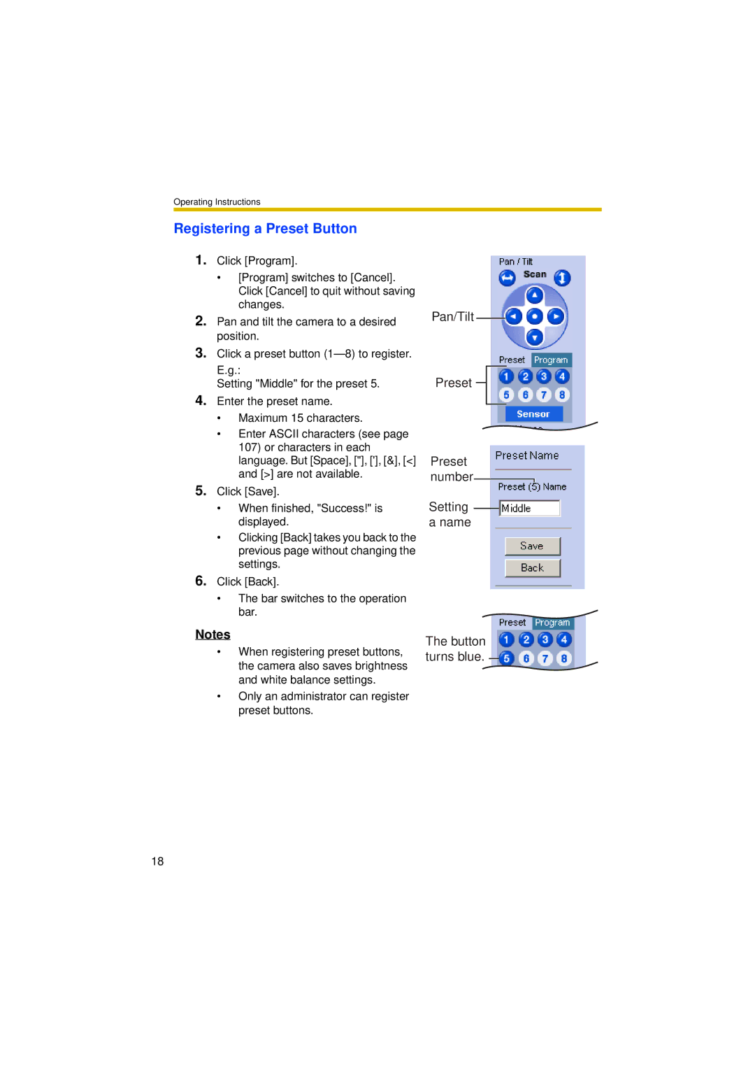 Panasonic BL-C30A operating instructions Registering a Preset Button, Pan/Tilt Preset Preset number Setting a name 