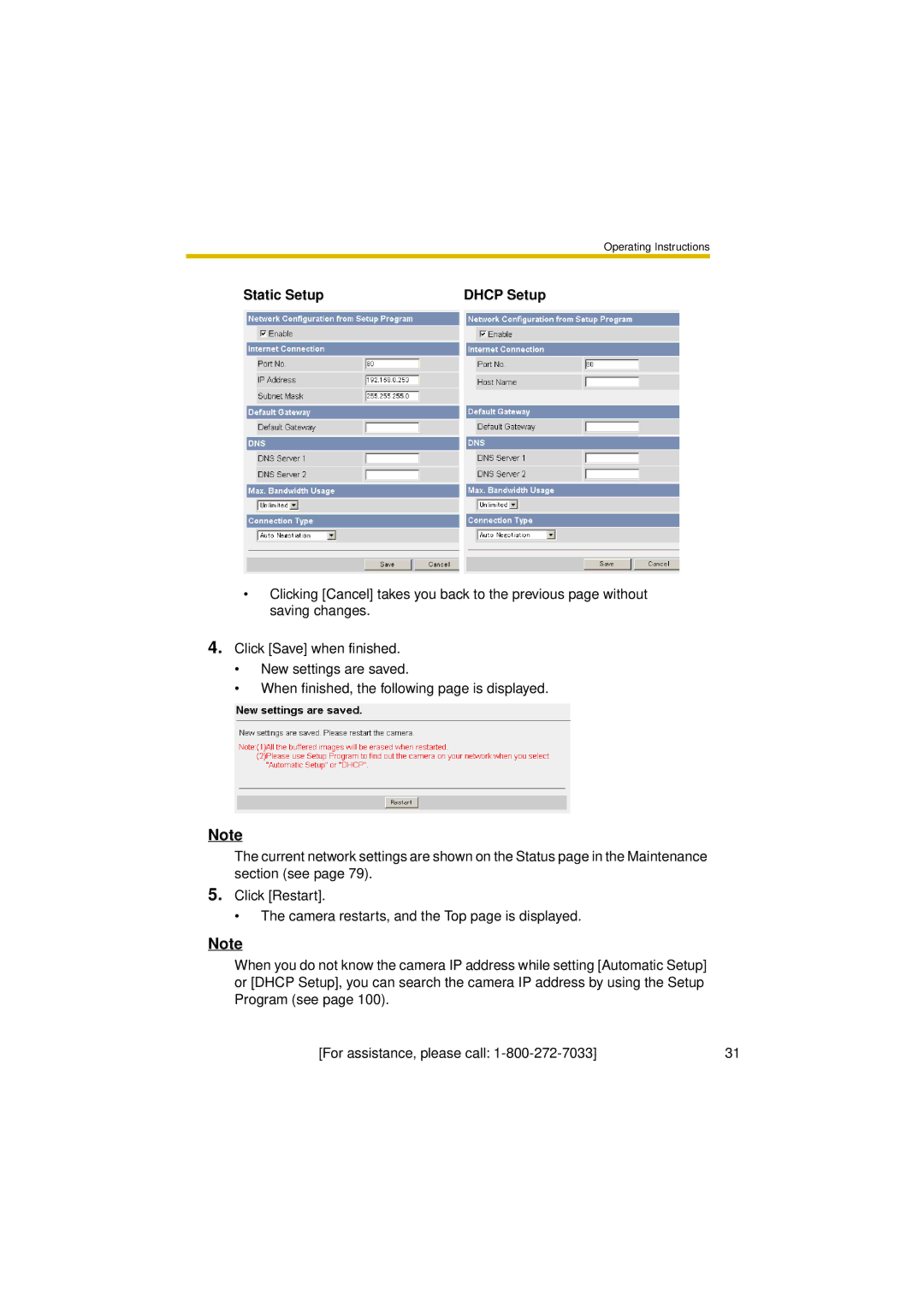 Panasonic BL-C30A operating instructions Static Setup Dhcp Setup 