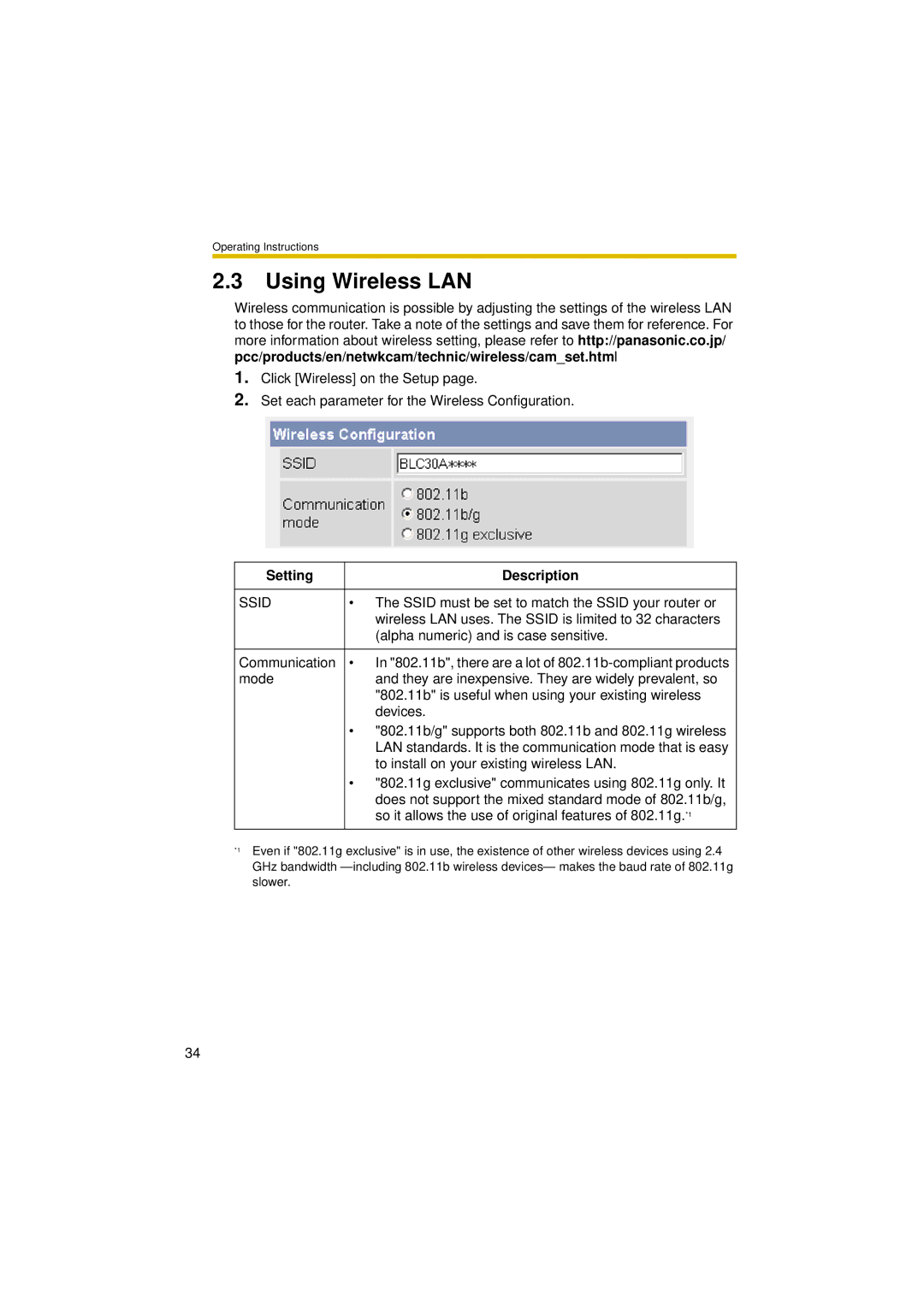 Panasonic BL-C30A operating instructions Using Wireless LAN, Ssid 