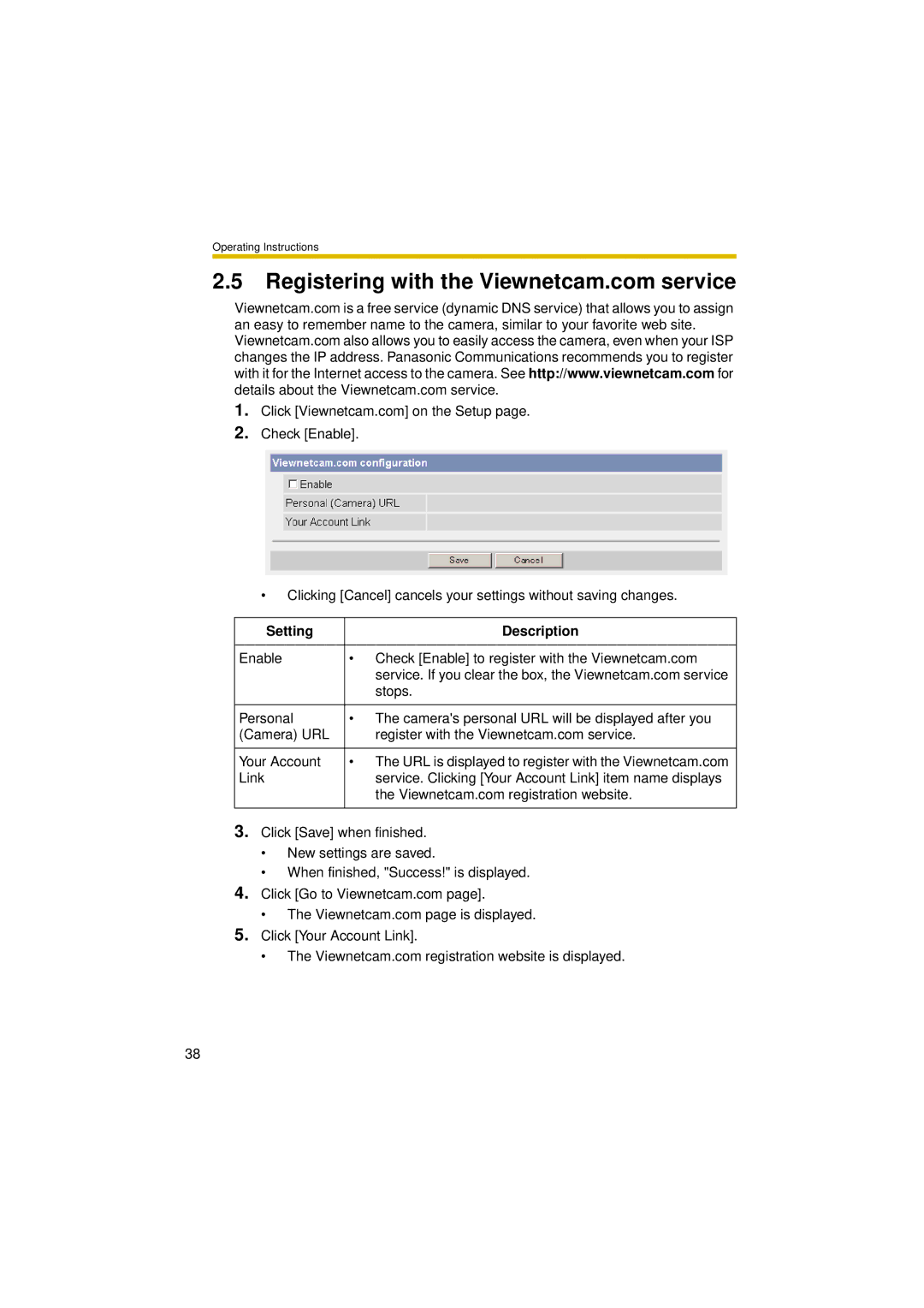 Panasonic BL-C30A operating instructions Setting Description 