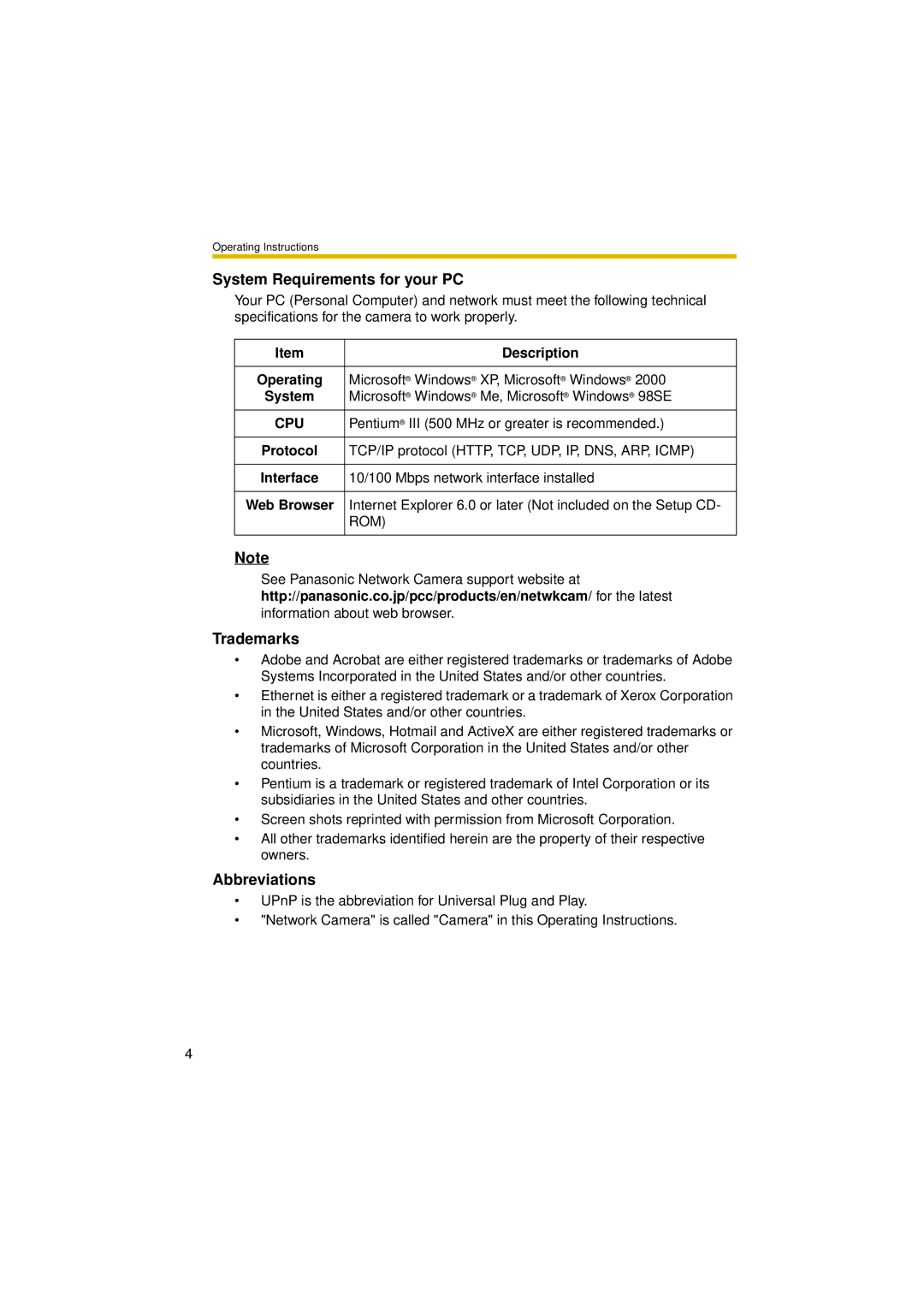 Panasonic BL-C30A operating instructions Description, Operating, System, Protocol 