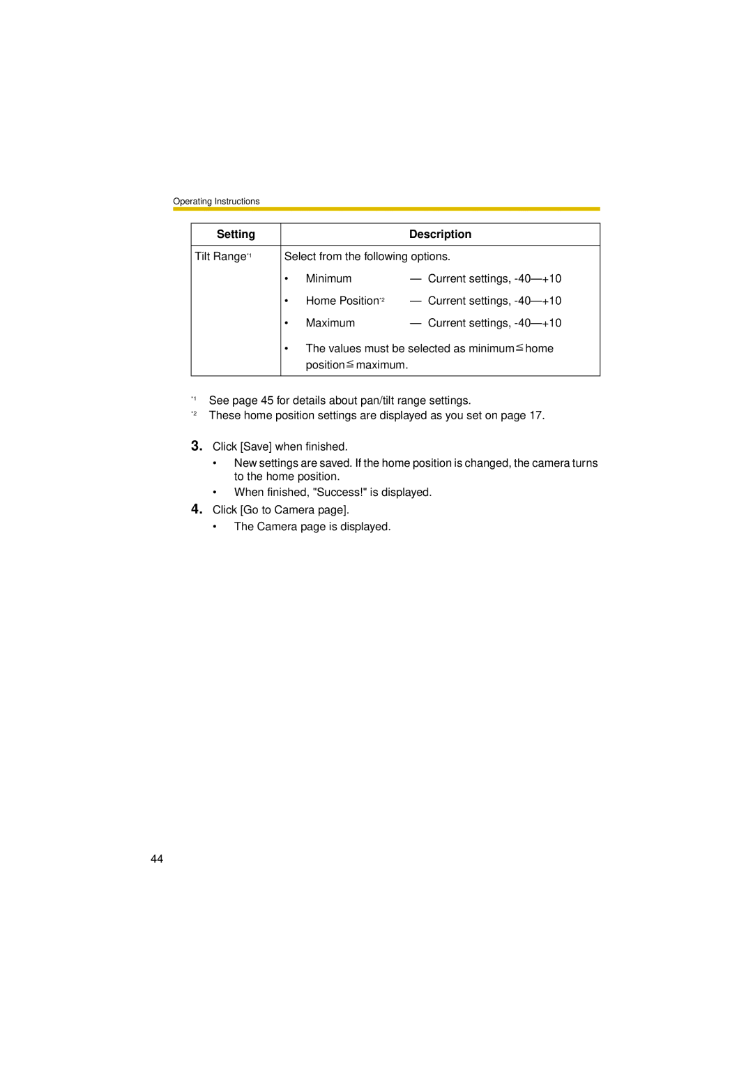 Panasonic BL-C30A operating instructions Setting Description 