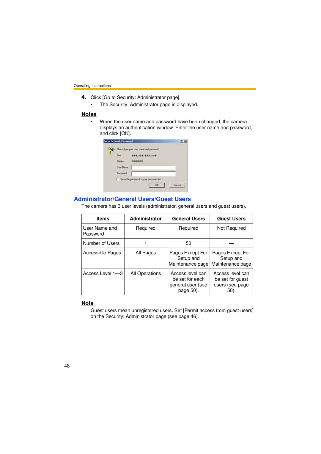 Panasonic BL-C30A Administrator/General Users/Guest Users, Items Administrator General Users Guest Users 