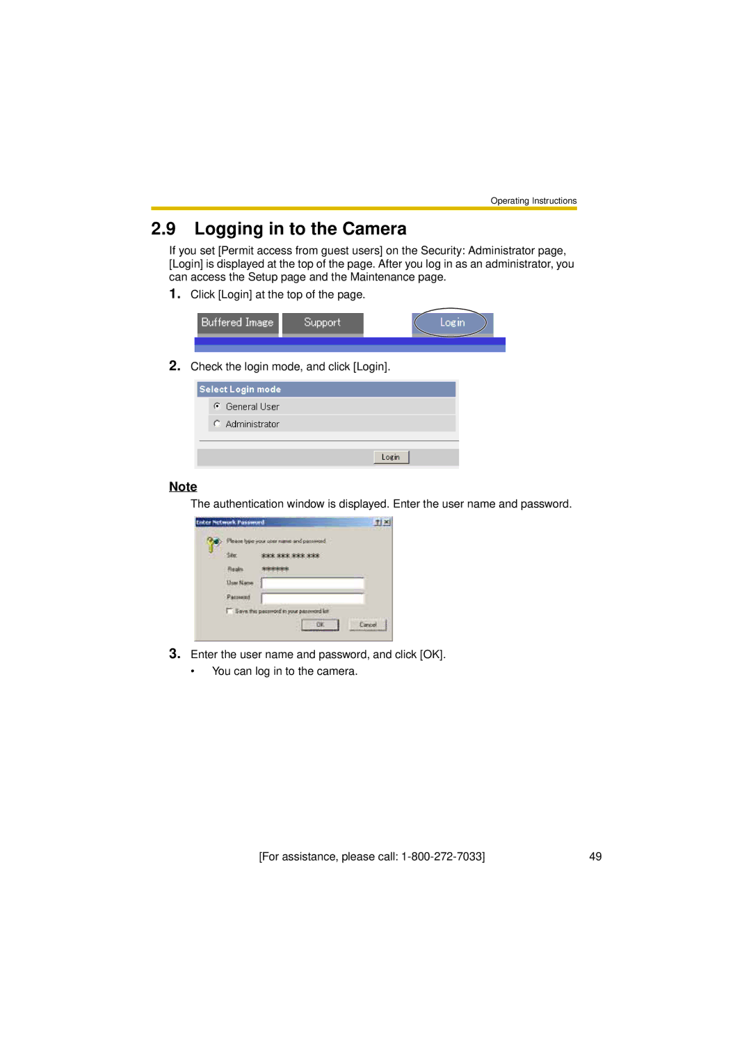 Panasonic BL-C30A operating instructions Logging in to the Camera 