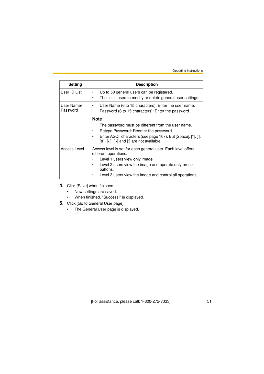 Panasonic BL-C30A operating instructions Setting Description 