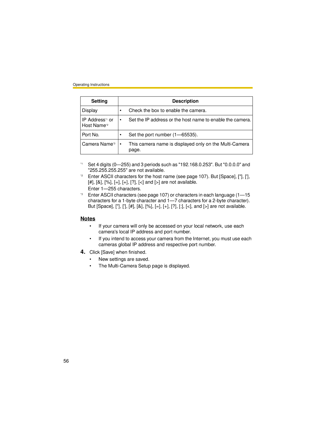 Panasonic BL-C30A operating instructions Setting Description 