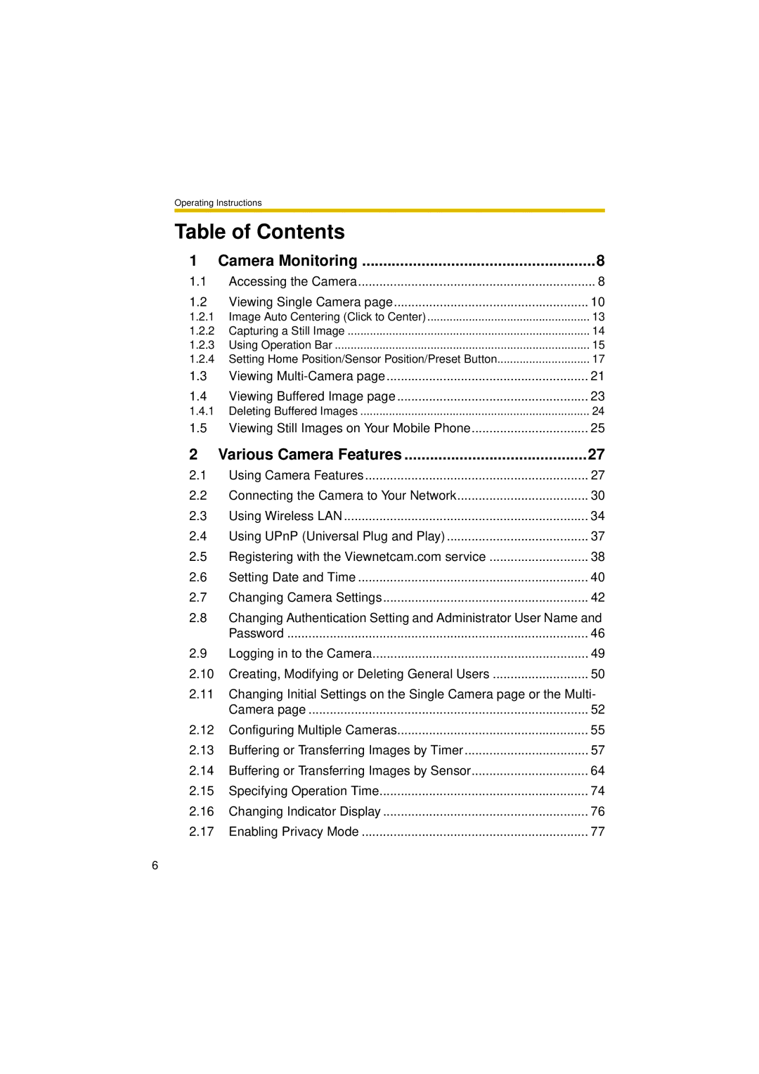 Panasonic BL-C30A operating instructions Table of Contents 