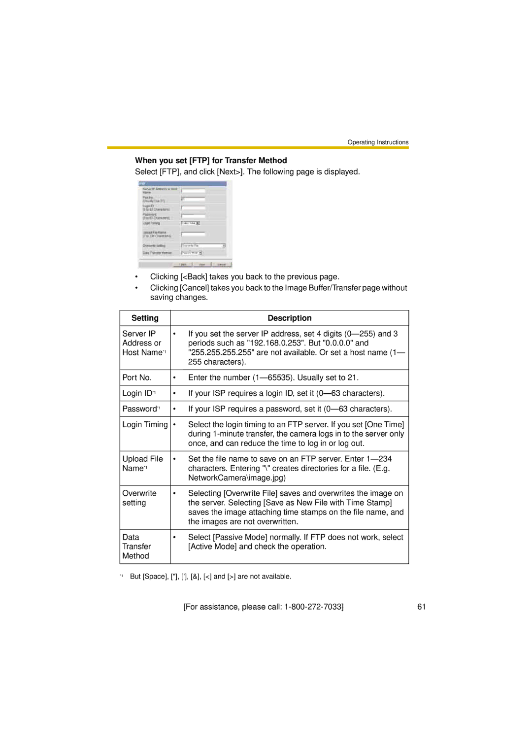 Panasonic BL-C30A operating instructions When you set FTP for Transfer Method 